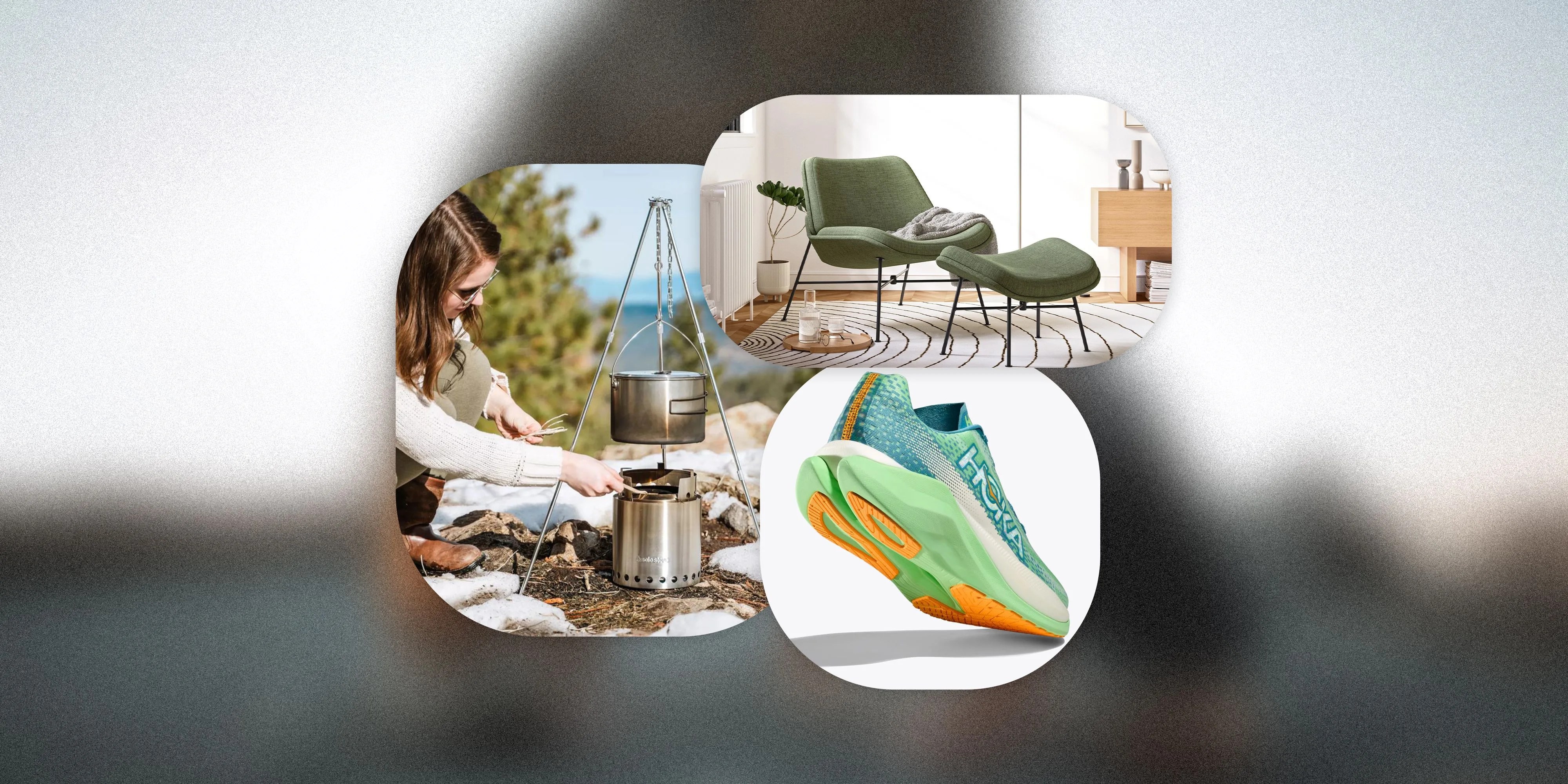 collage of a running shoe, a chair and foot stool in a living room, and a woman lighting a solo stove