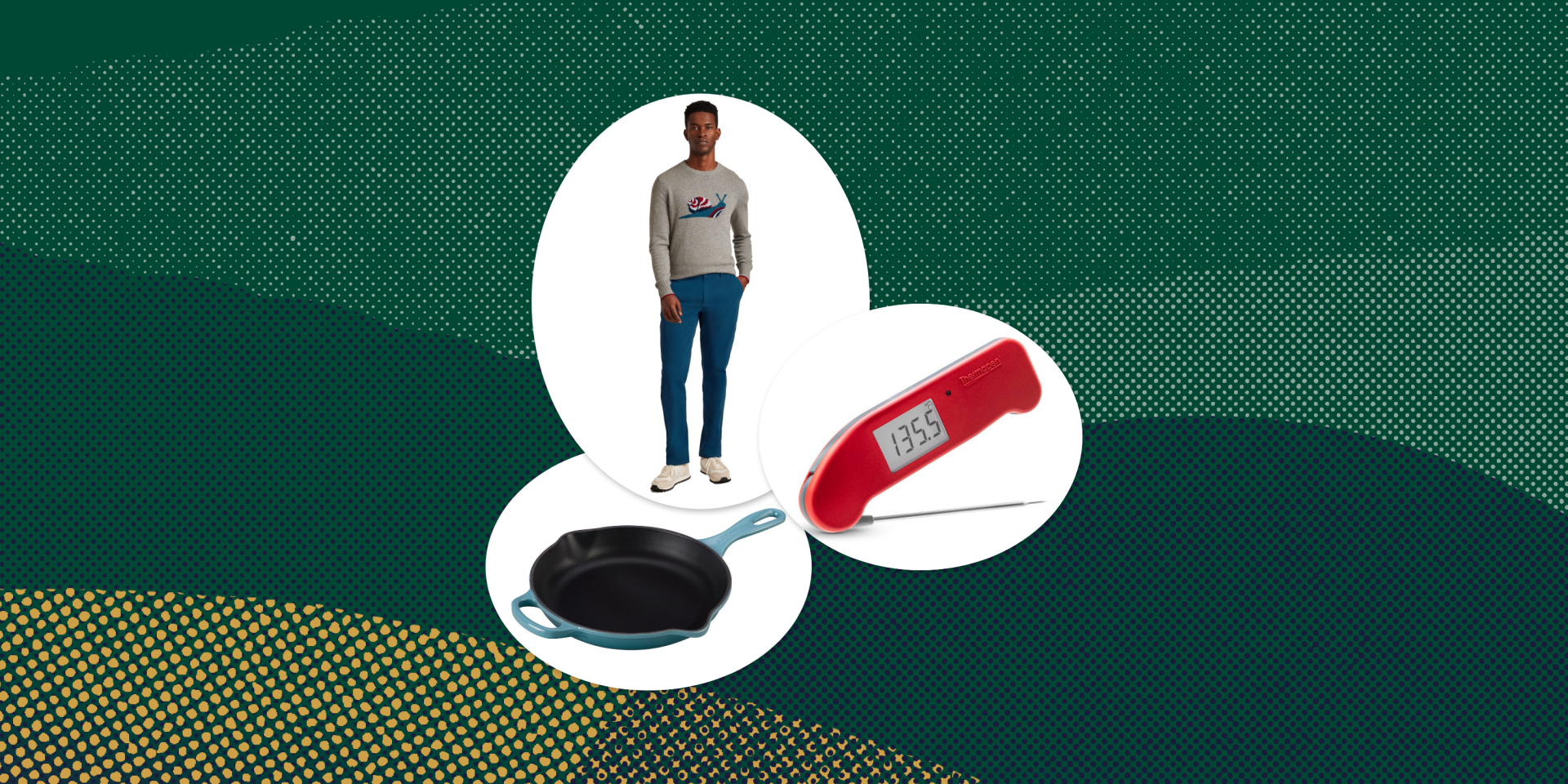 collage of a man standing, a cooking thermometer, and a pan