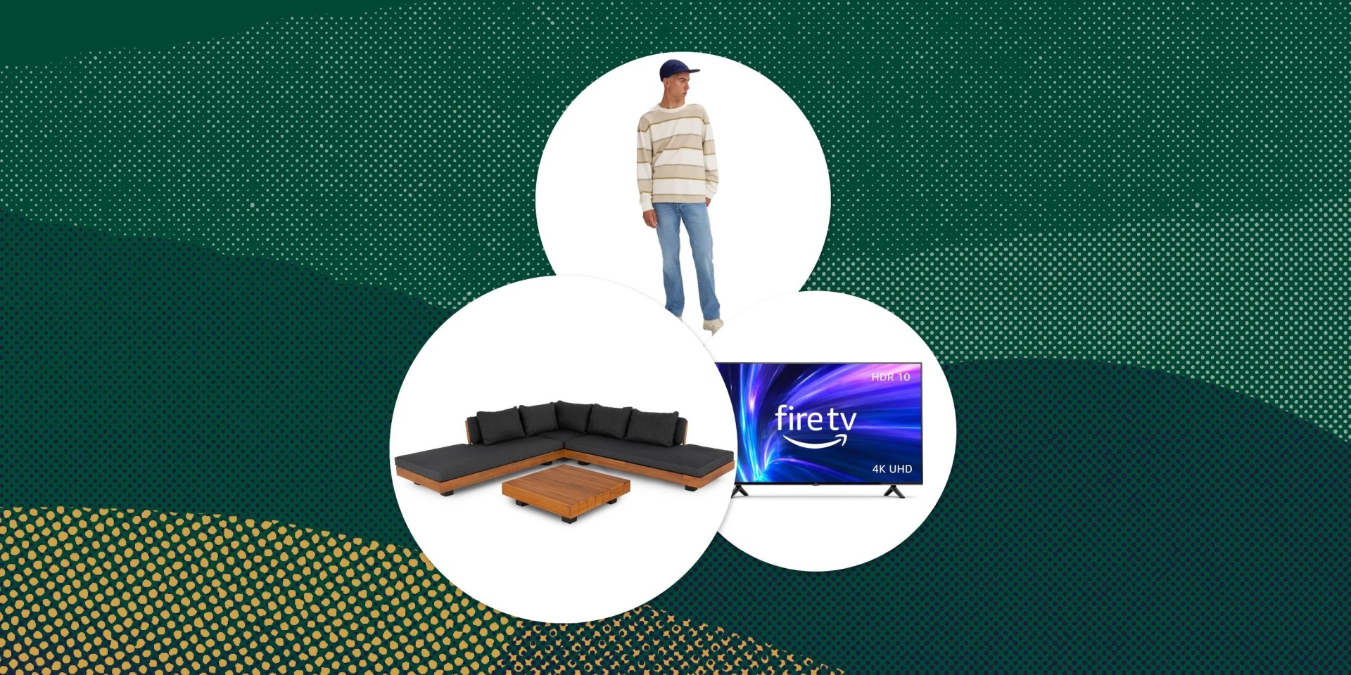collage of levis jeans acacia sectional set and amazon fire tv