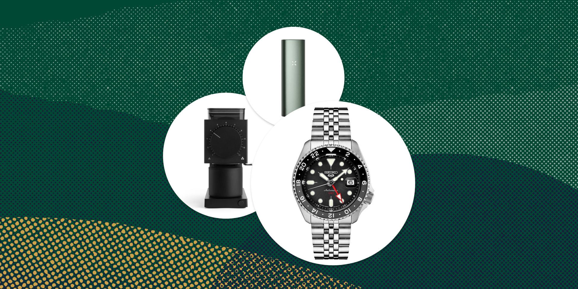 collage of vaporizer seiko watch and coffee grinder