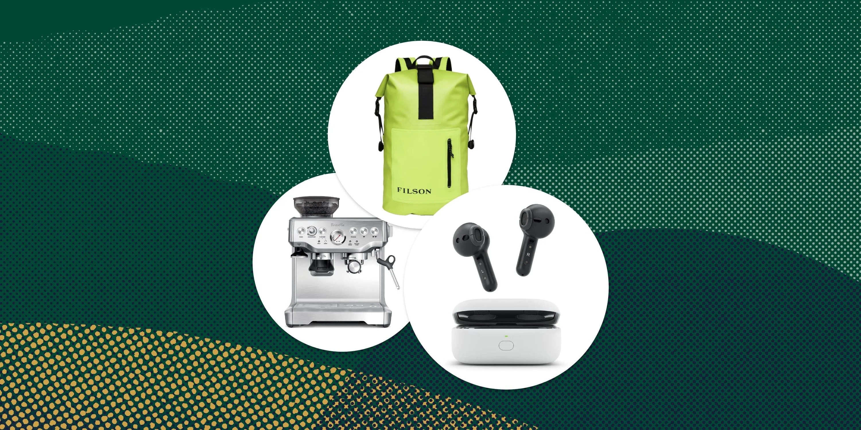 collage of backpack amazon earbuds coffee machine expresso