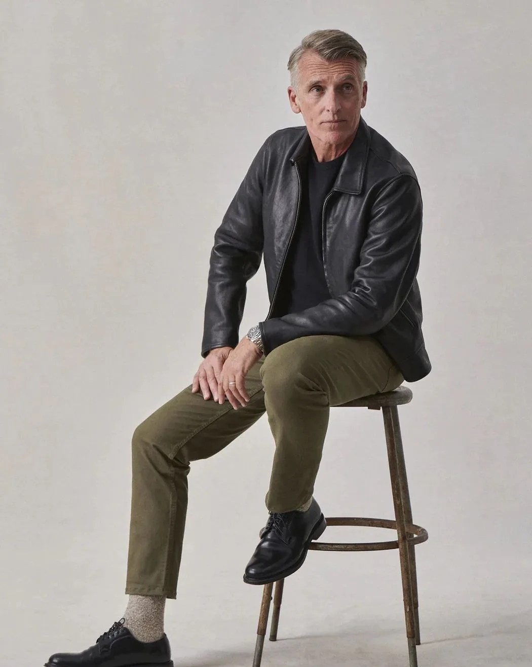 man wearing buck mason roper twill ford standard jean