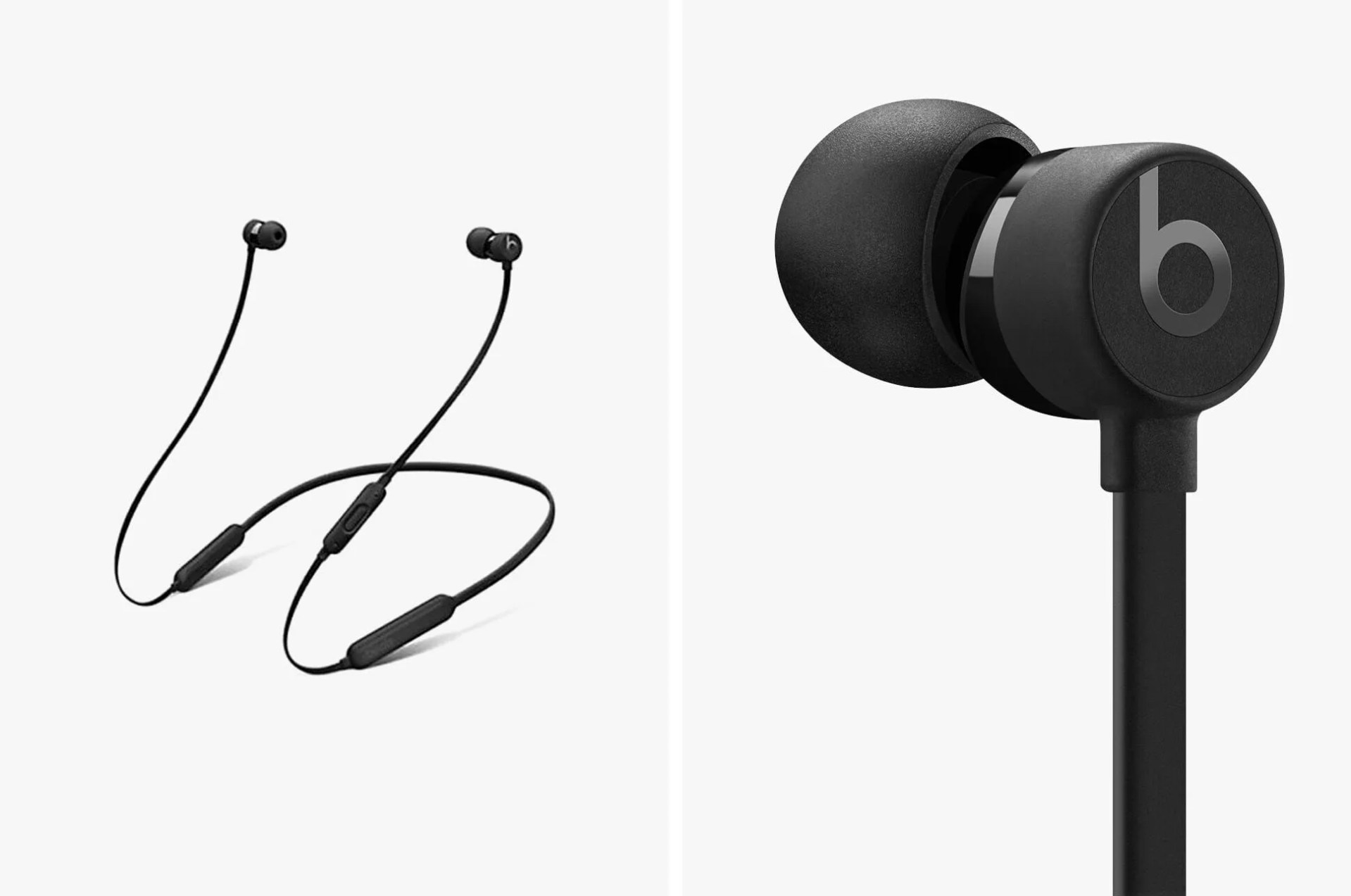 collage showing a pair of black beatsx headphones next to a close up of one of the earphones
