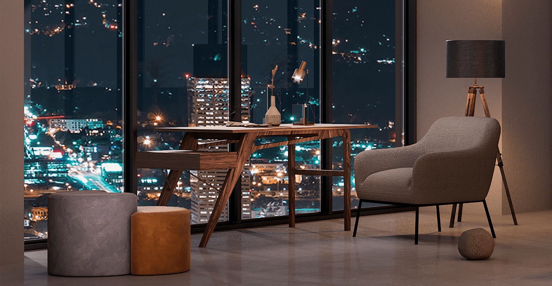 walnut desk overlooking a cityscape