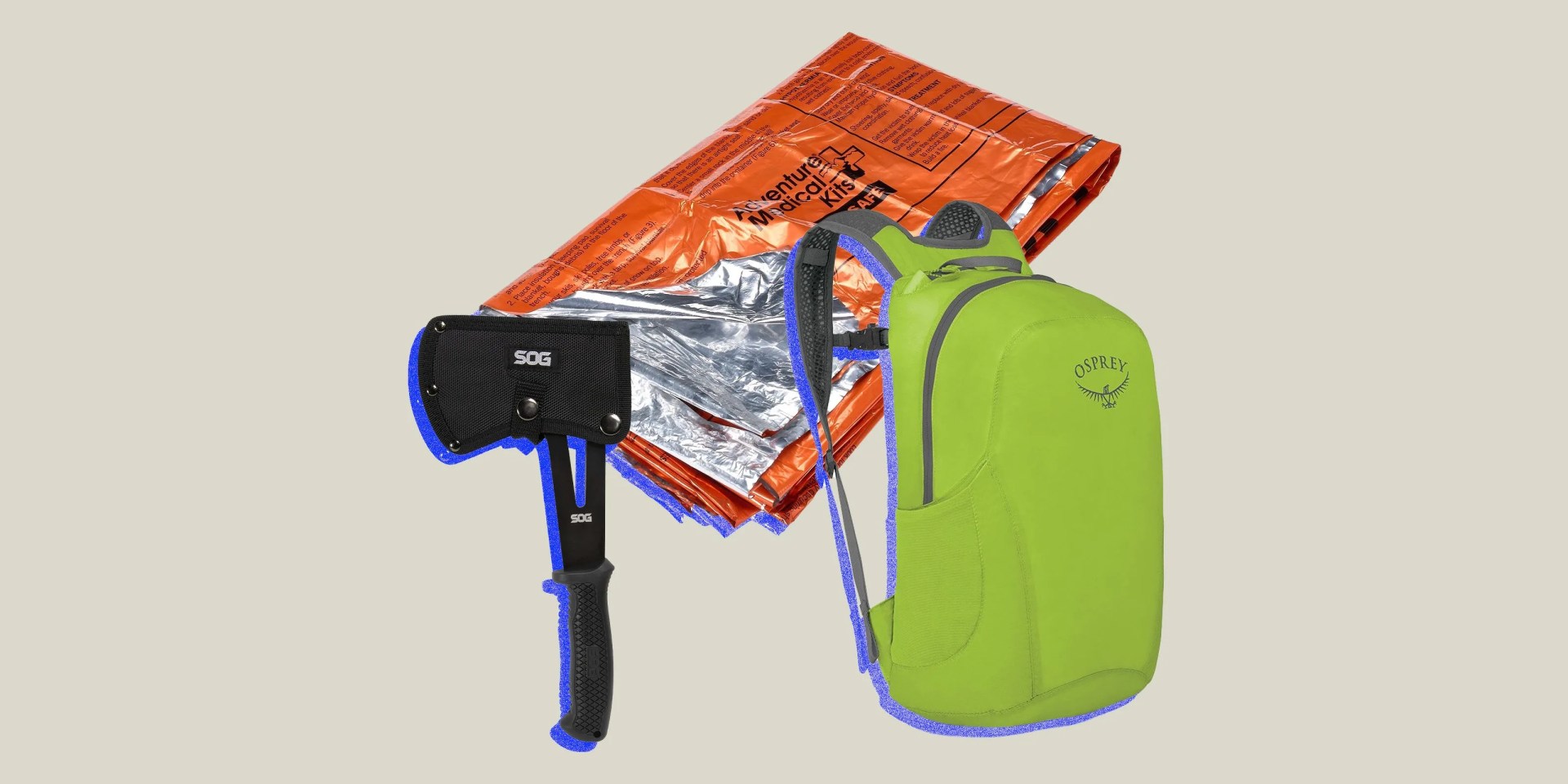 collage of an axe, a warming blanket, and a backpack