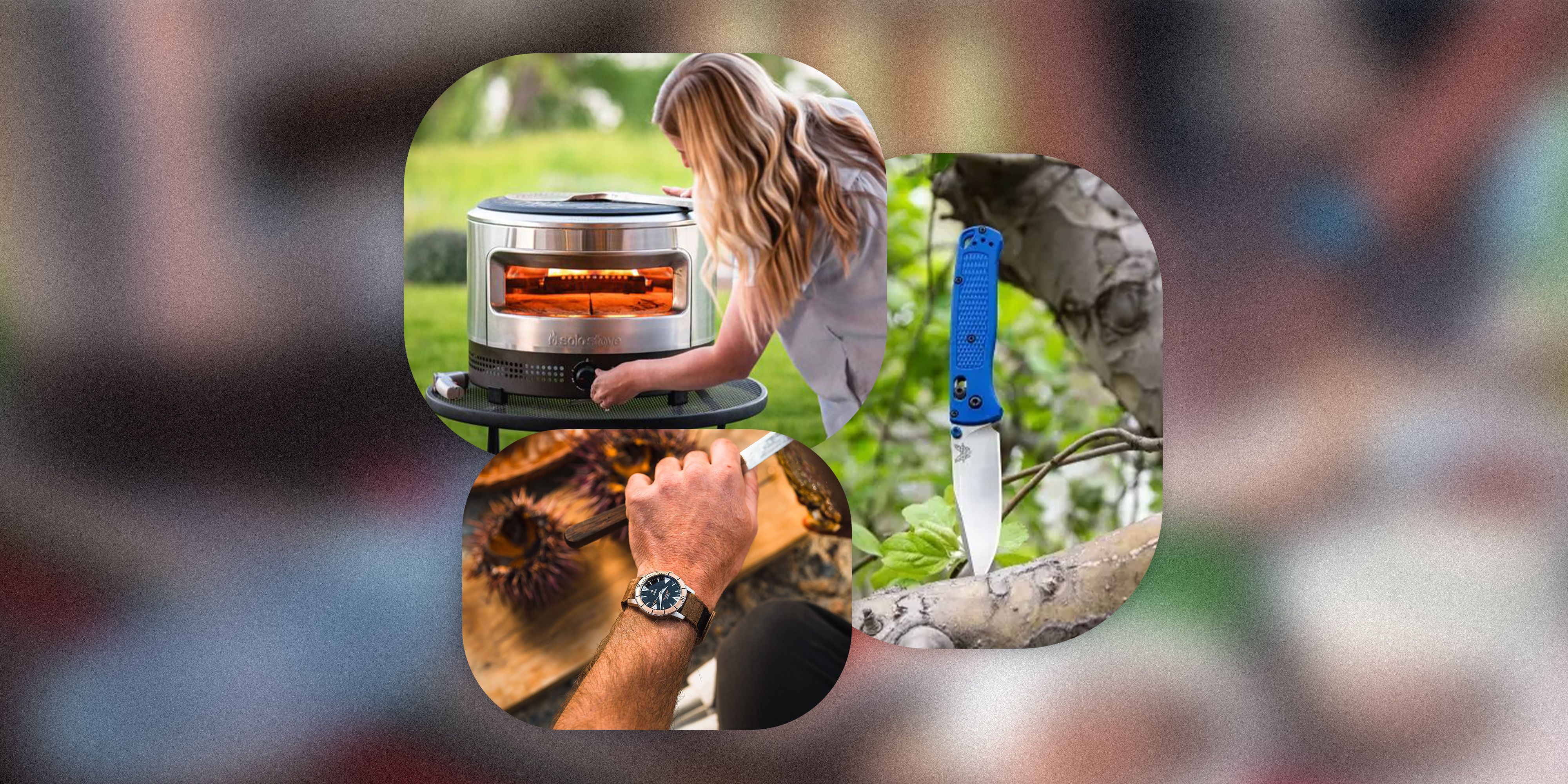collage of a man wearing a watch, a woman using a pizza oven, and a knife sticking in a branch