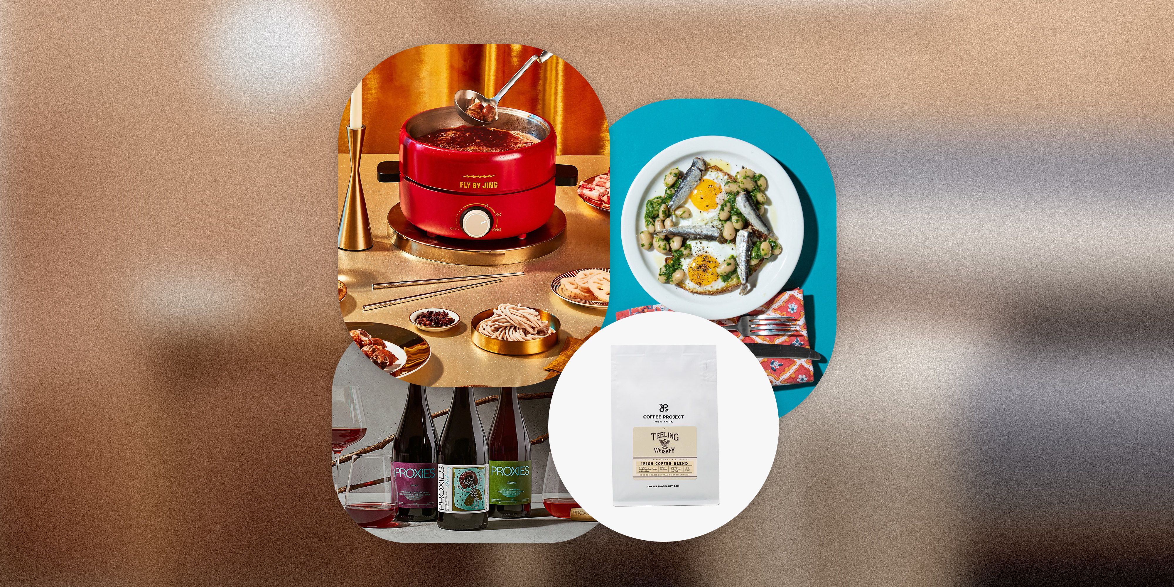 fly by jing hotpot starter set, minnow sardine, wine, and coffee