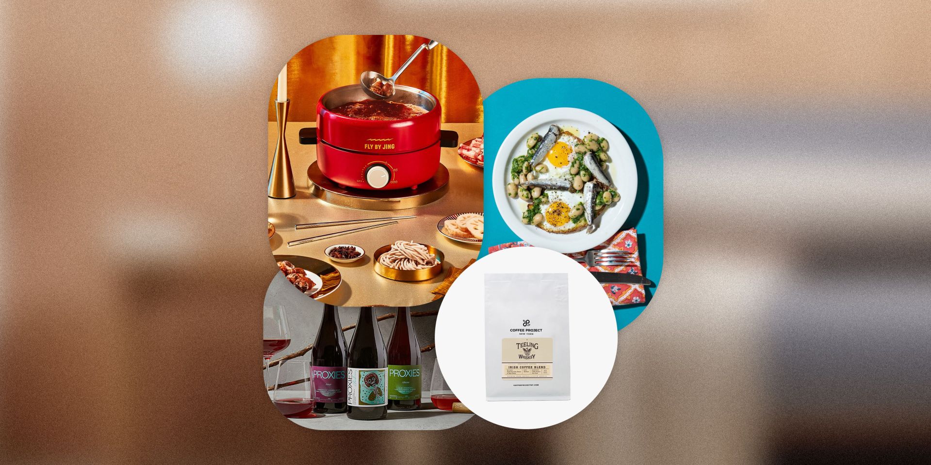 fly by jing hotpot starter set, minnow sardine, wine, and coffee