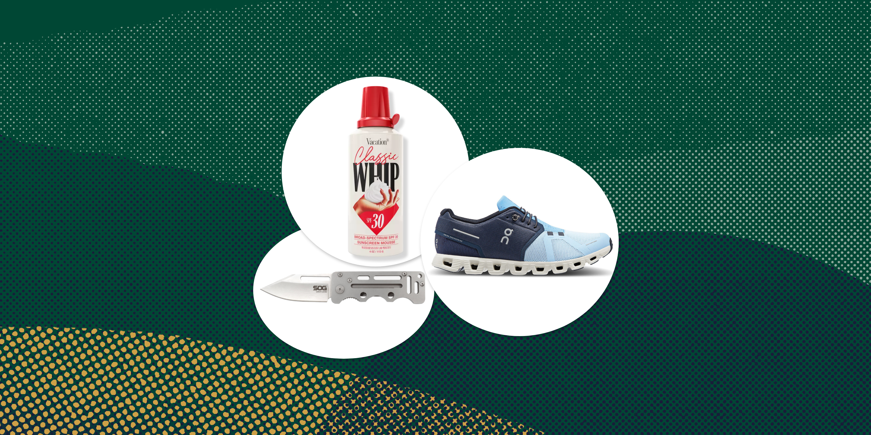 collage of a knife, a shoe, and sunscreen