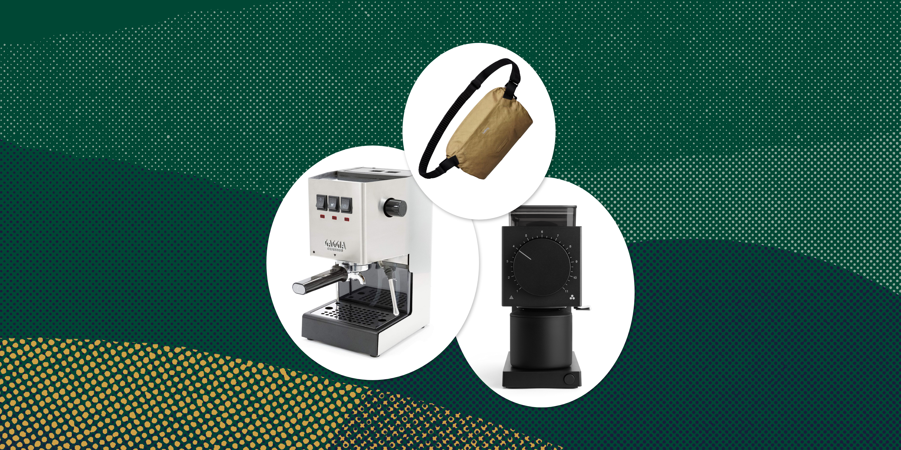 collage of an espresso machine, a coffee grinder, and a bag