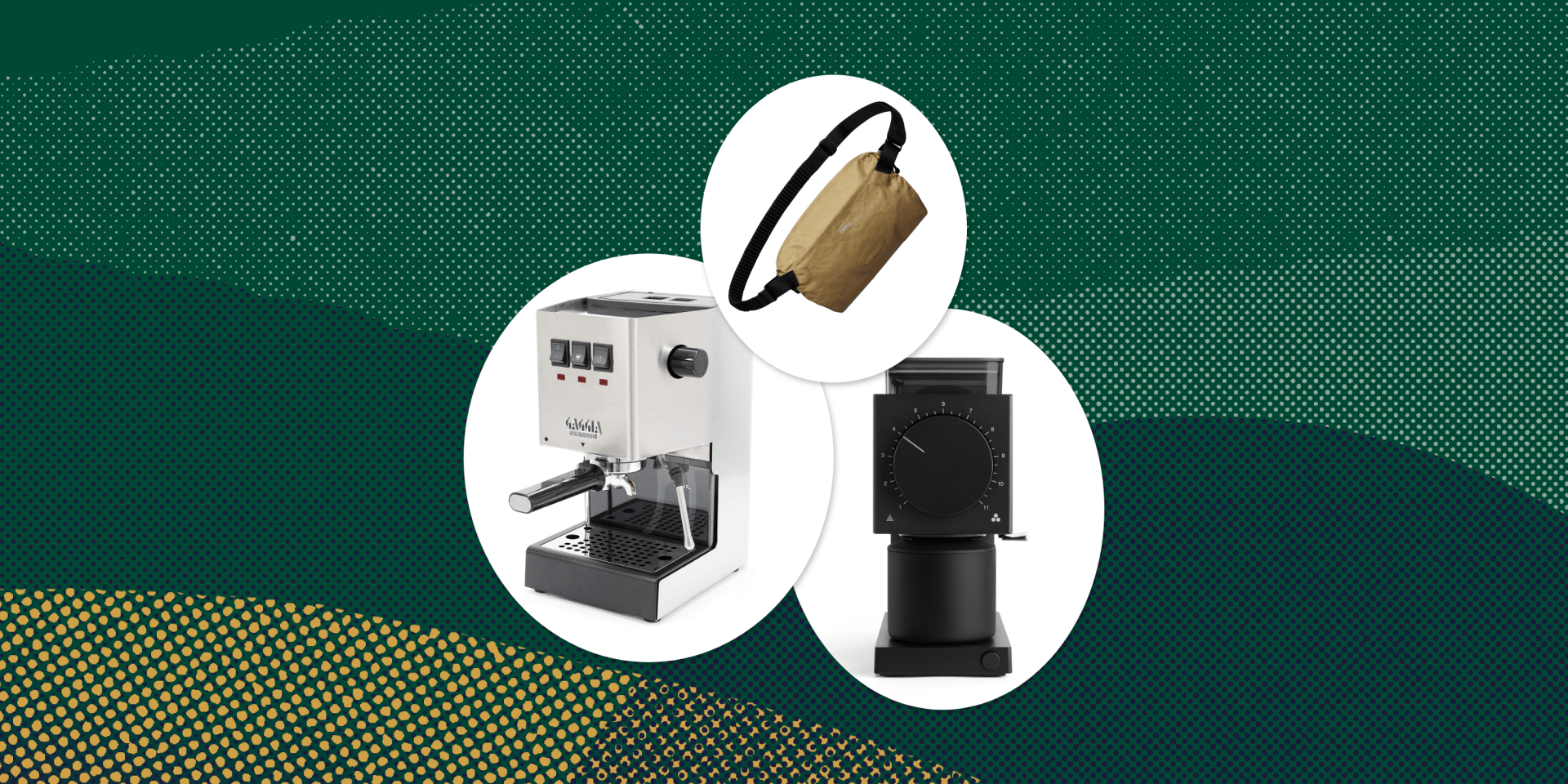 collage of an espresso machine, a coffee grinder, and a bag