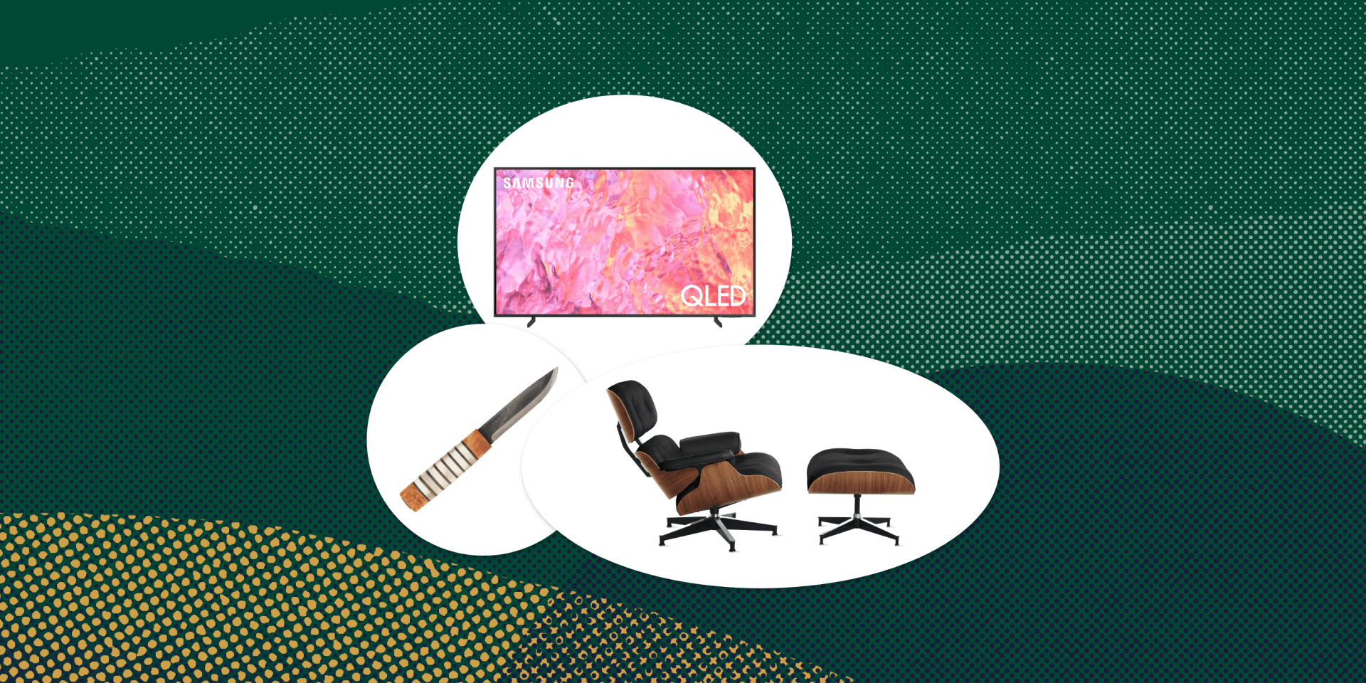 collage of a tv, a knife, and a chair with foot rest