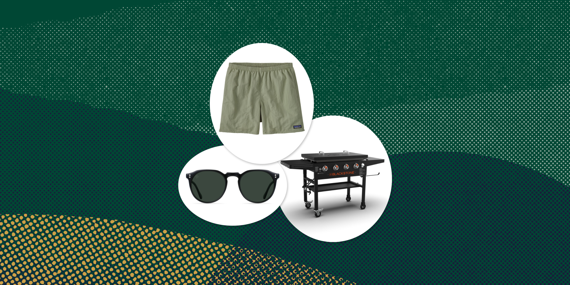 collage of shorts, sunglasses, and a grill