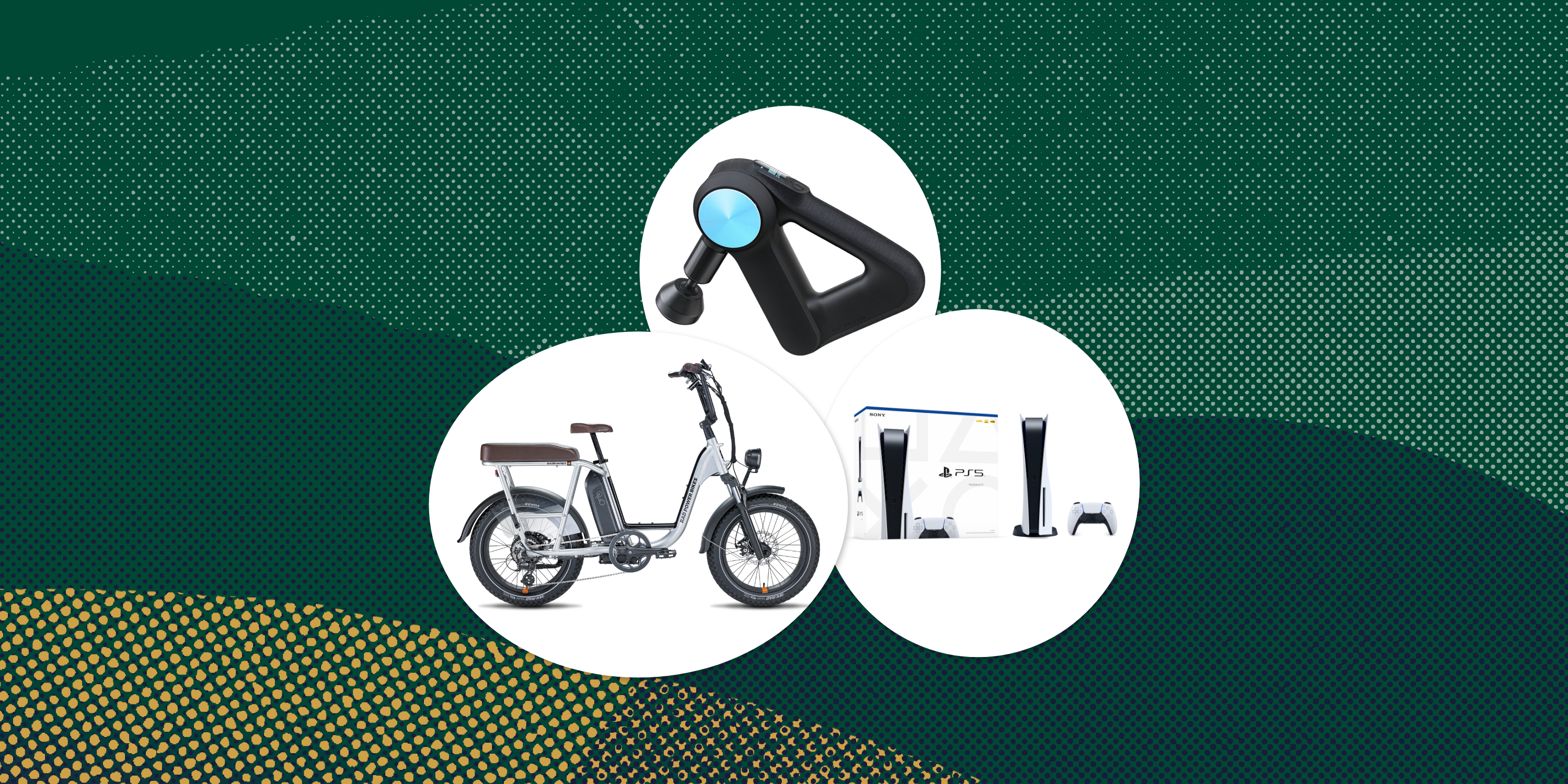 collage of an ebike, a massage gun, and a playstation