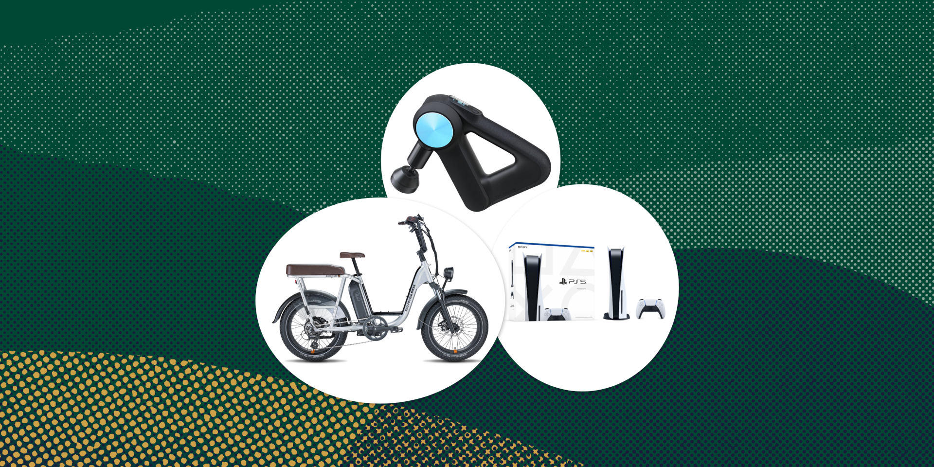 collage of an ebike, a massage gun, and a playstation