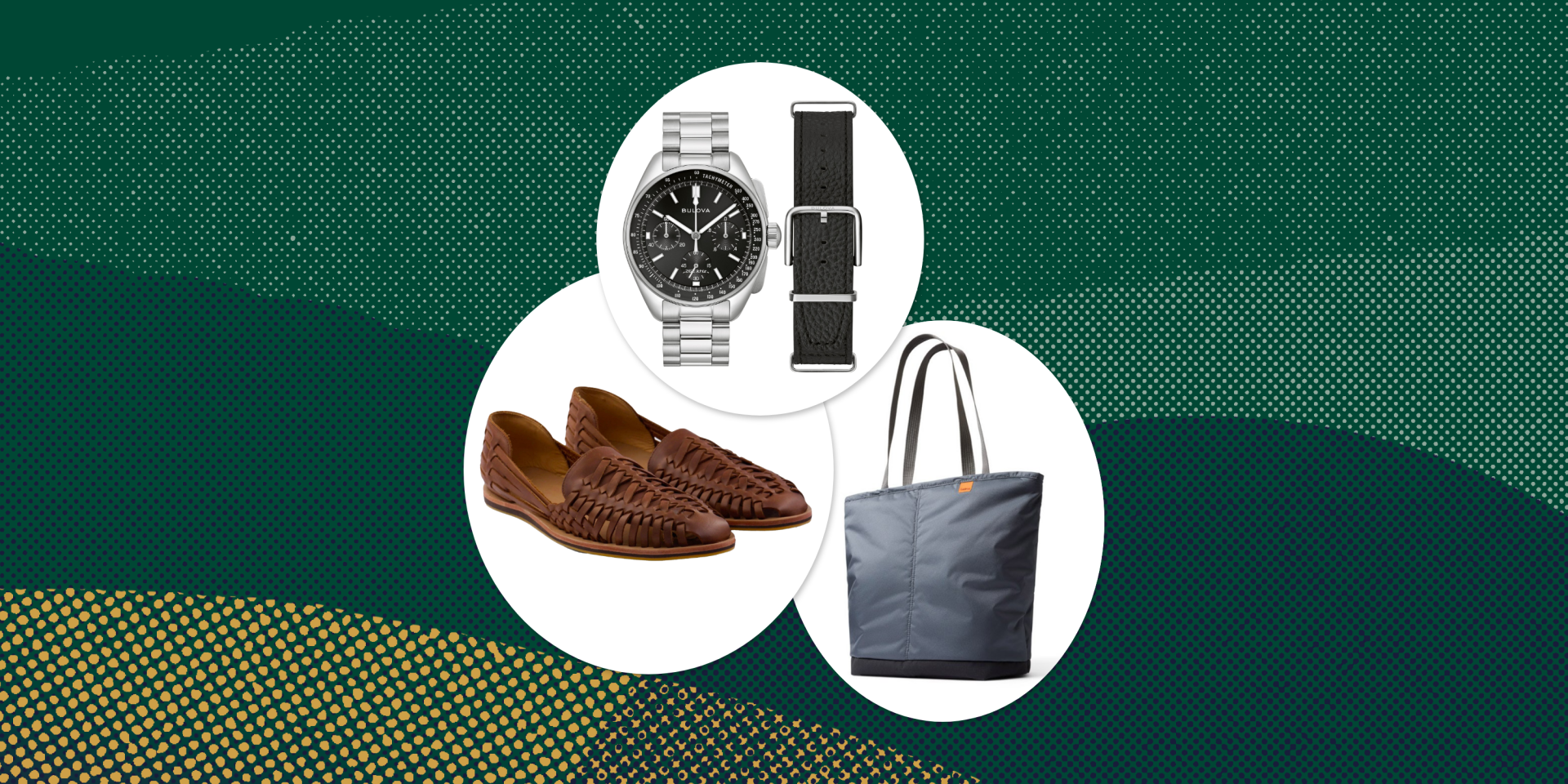 collage of a watch, shoes, and a tote bag