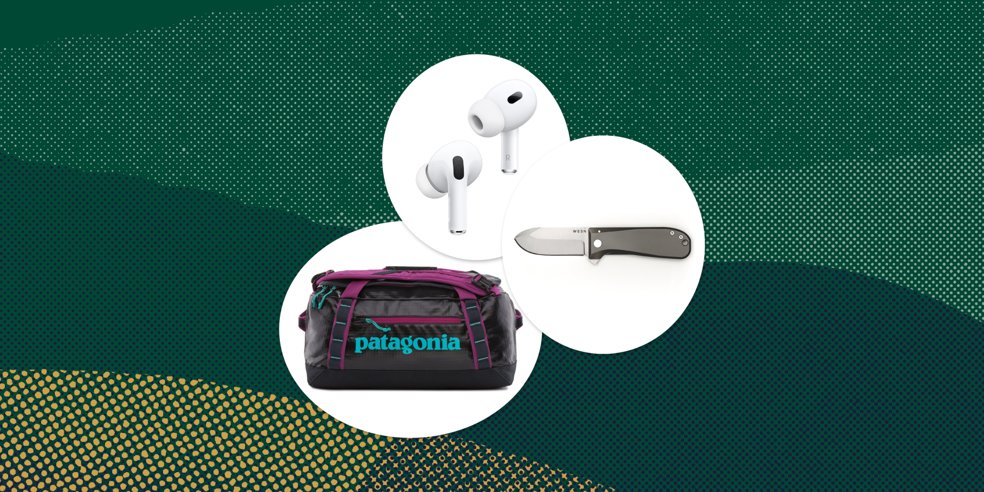 collage of headphones, a duffel bag, and a knife