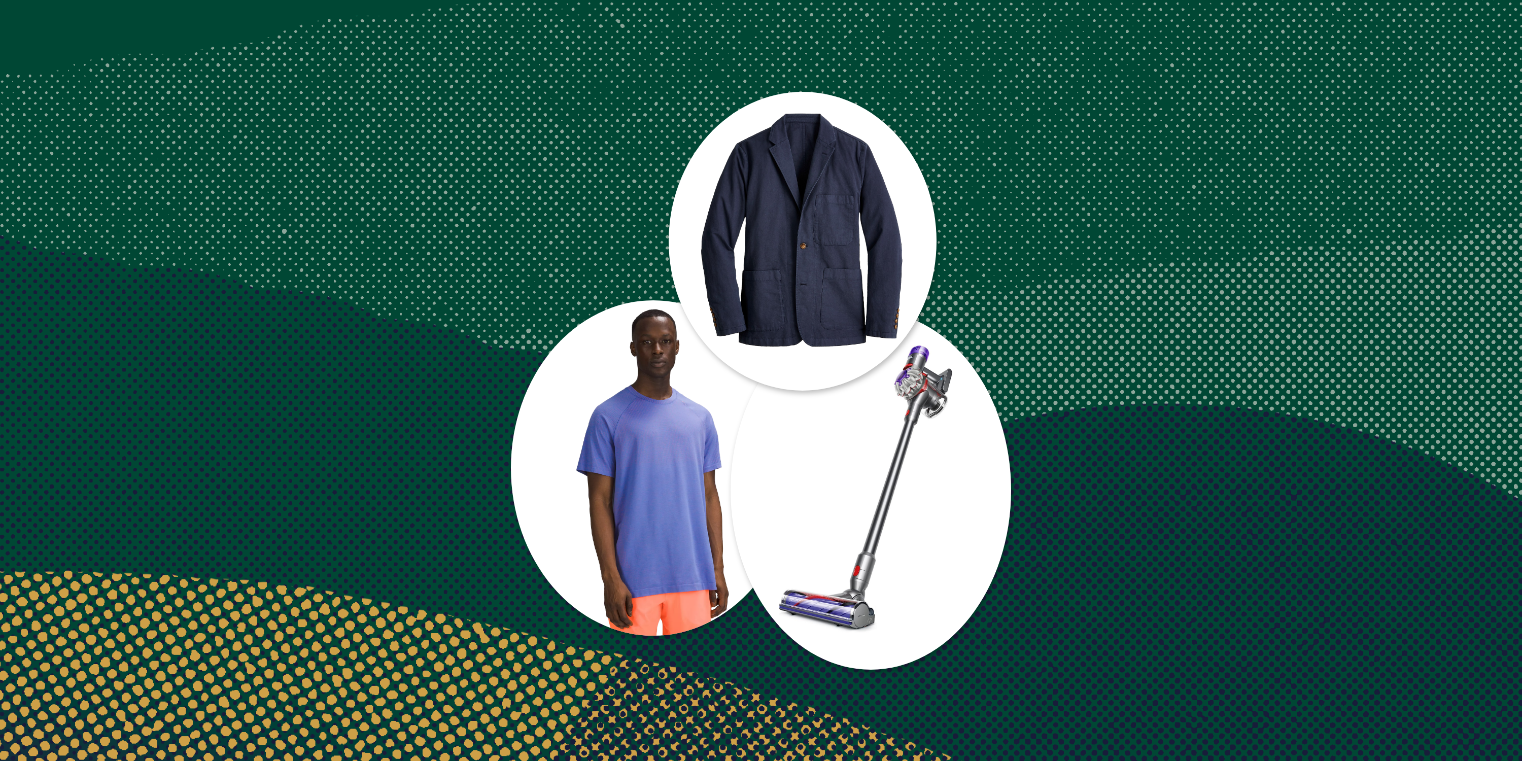 collage of a blazer, a vacuum, and man wearing a tshirt