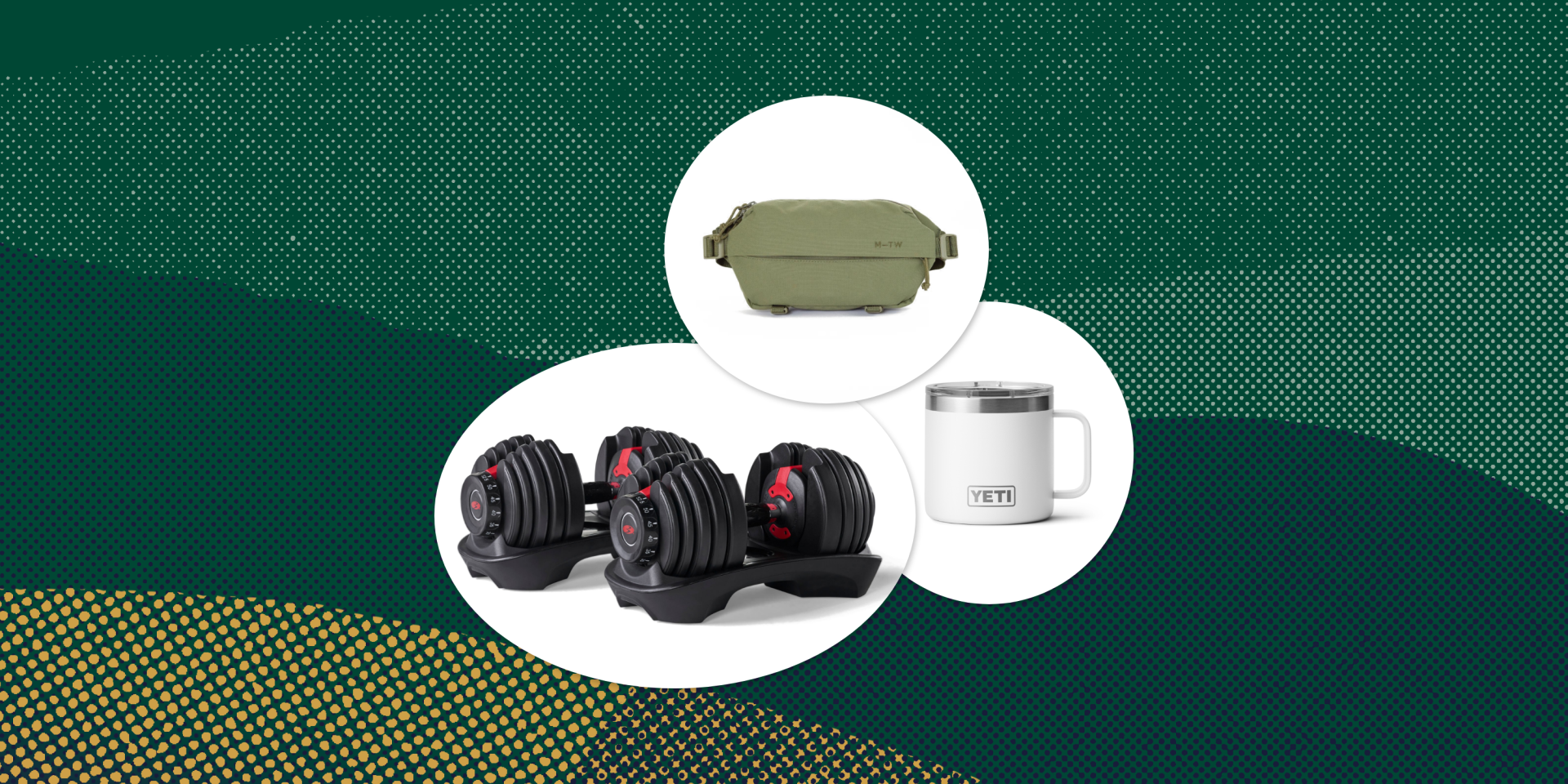 collage of a fanny pack, weights, and a mug