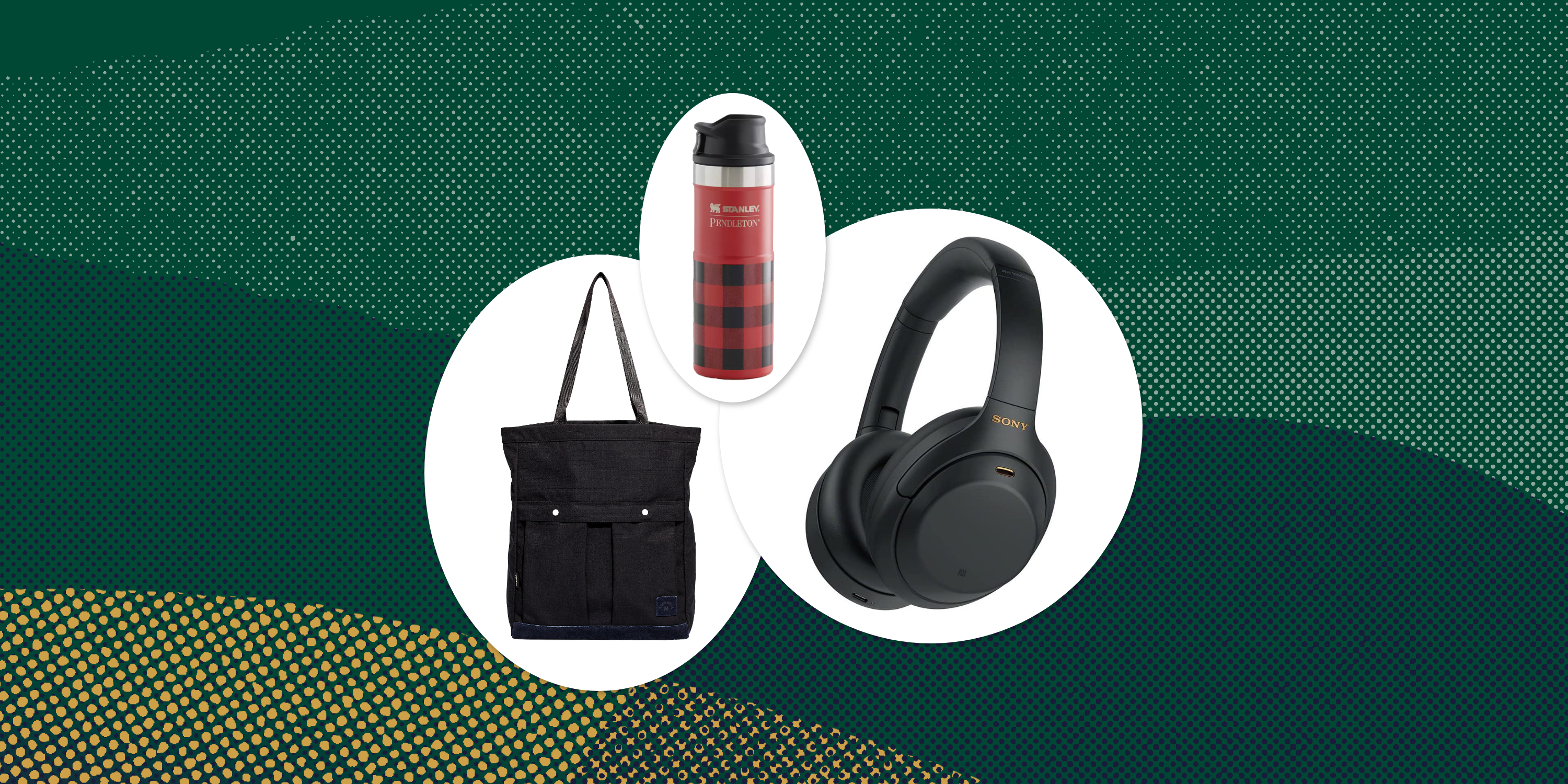 collage of a bag, headphones, and a thermos