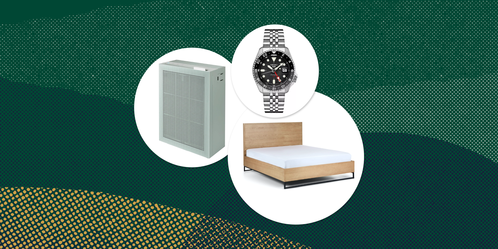 collage of an air purifier, a watch, and a bed