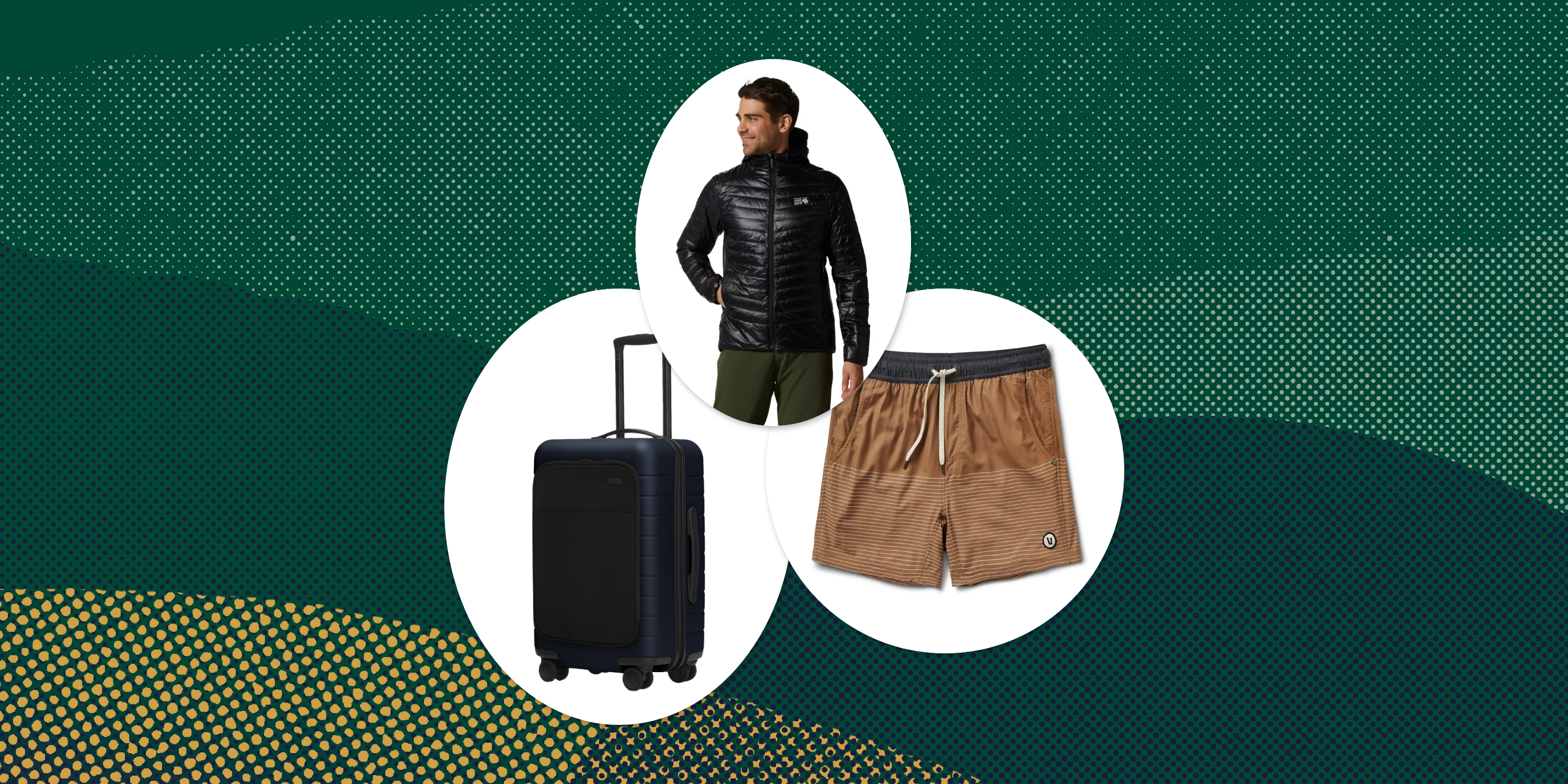collage of a suitcase, shorts, and a man wearing a jacket