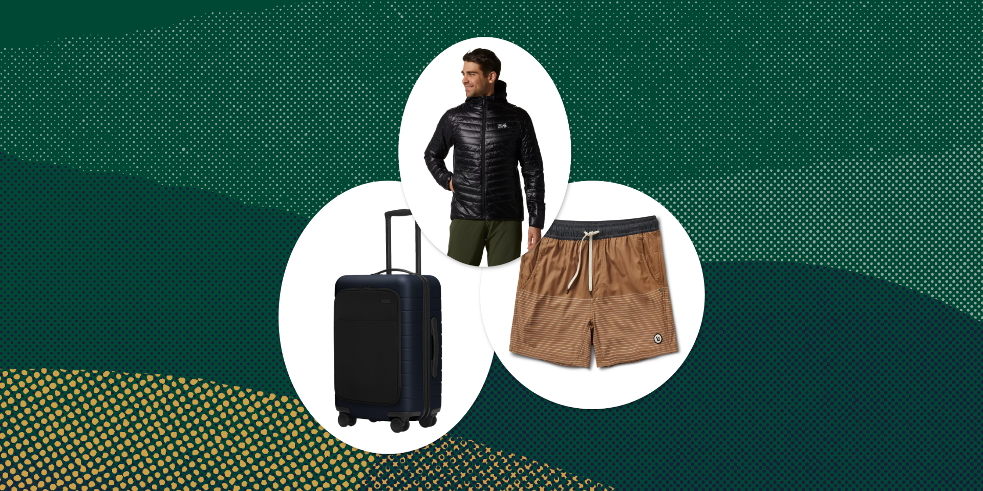 collage of a suitcase, shorts, and a man wearing a jacket