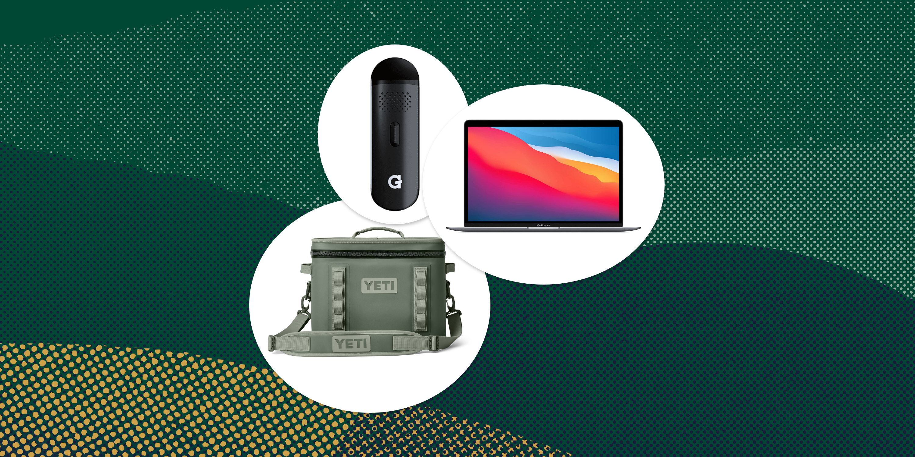 collage of a vape, a laptop, and a soft cooler