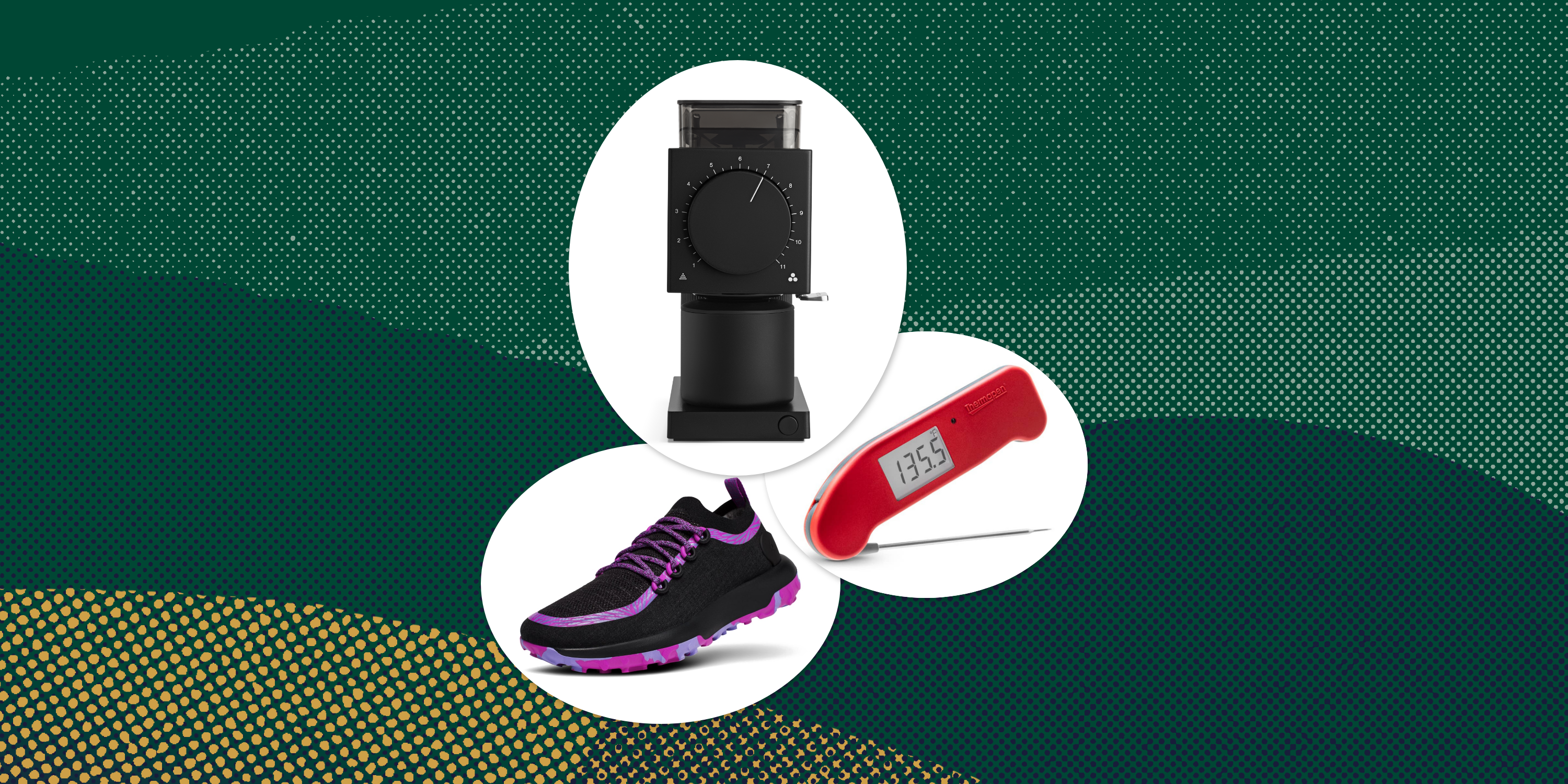 collage of a shoe, a meat thermometer, and a coffee grinder