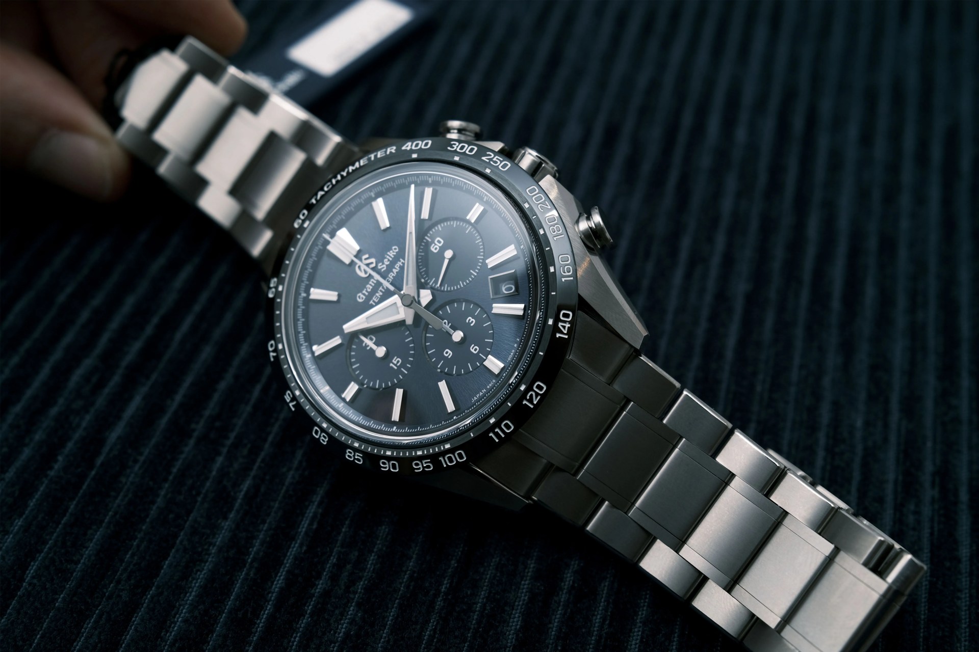 grand seiko chronograph on corduroy fabric
