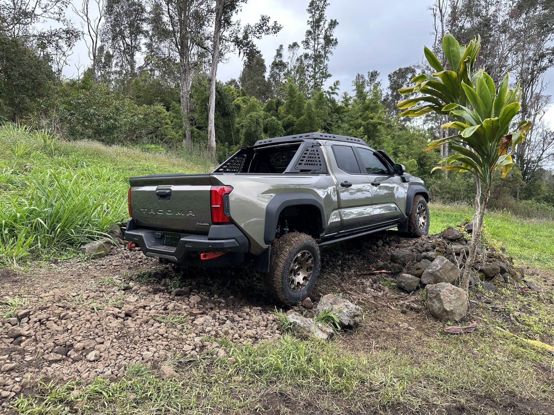 toyota tacoma trailhunter trim perched on rocks