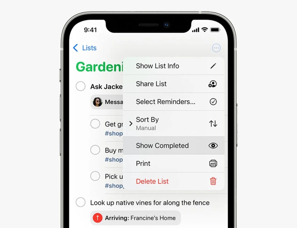 reminders app on a phone screen