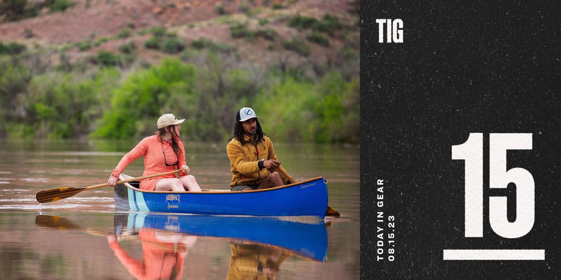 today in gear august 15 2023 man and woman riding sanborn canoe co merrimack and stranahan's blue peak canoe