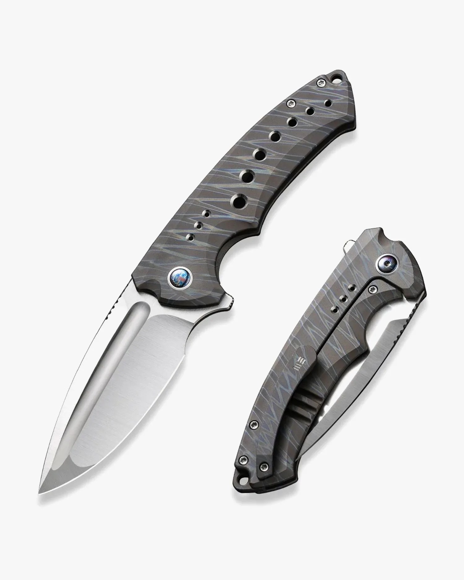 weknife nexusia flipper knife tiger stripe pattern flamed titanium handle