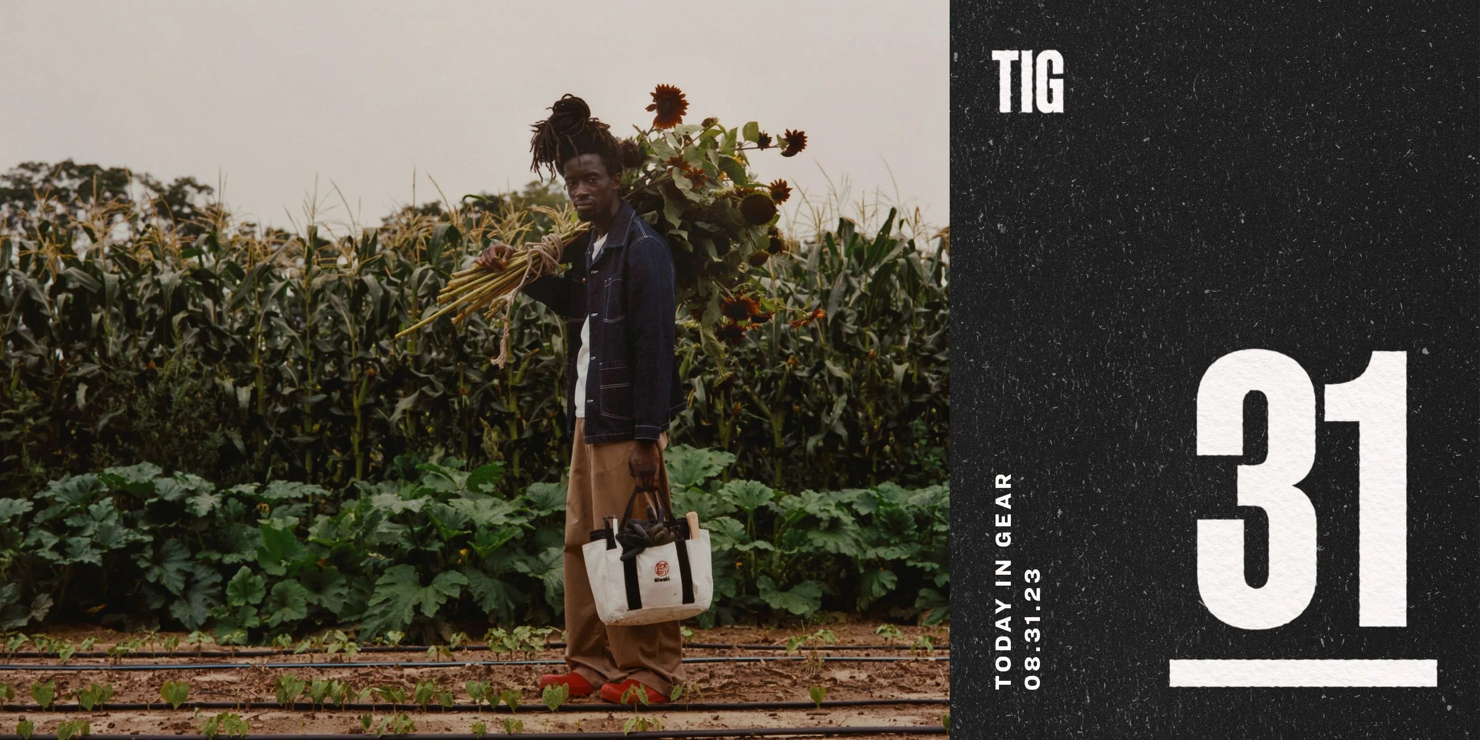 today in gear august 31 2023 man wearing the noah x niwaki gardening chore coat and using the tote bag