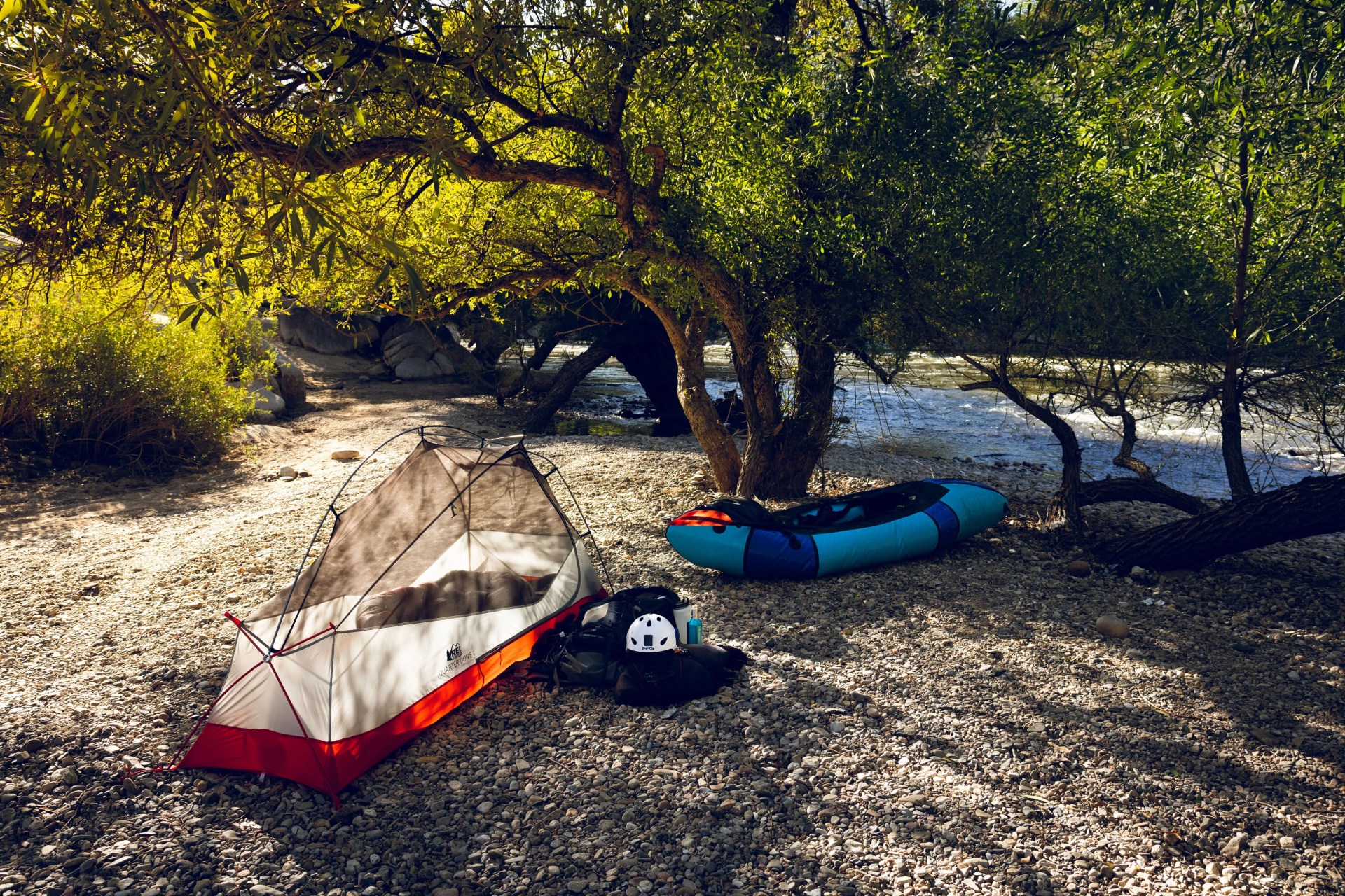 campsite with paddle boat