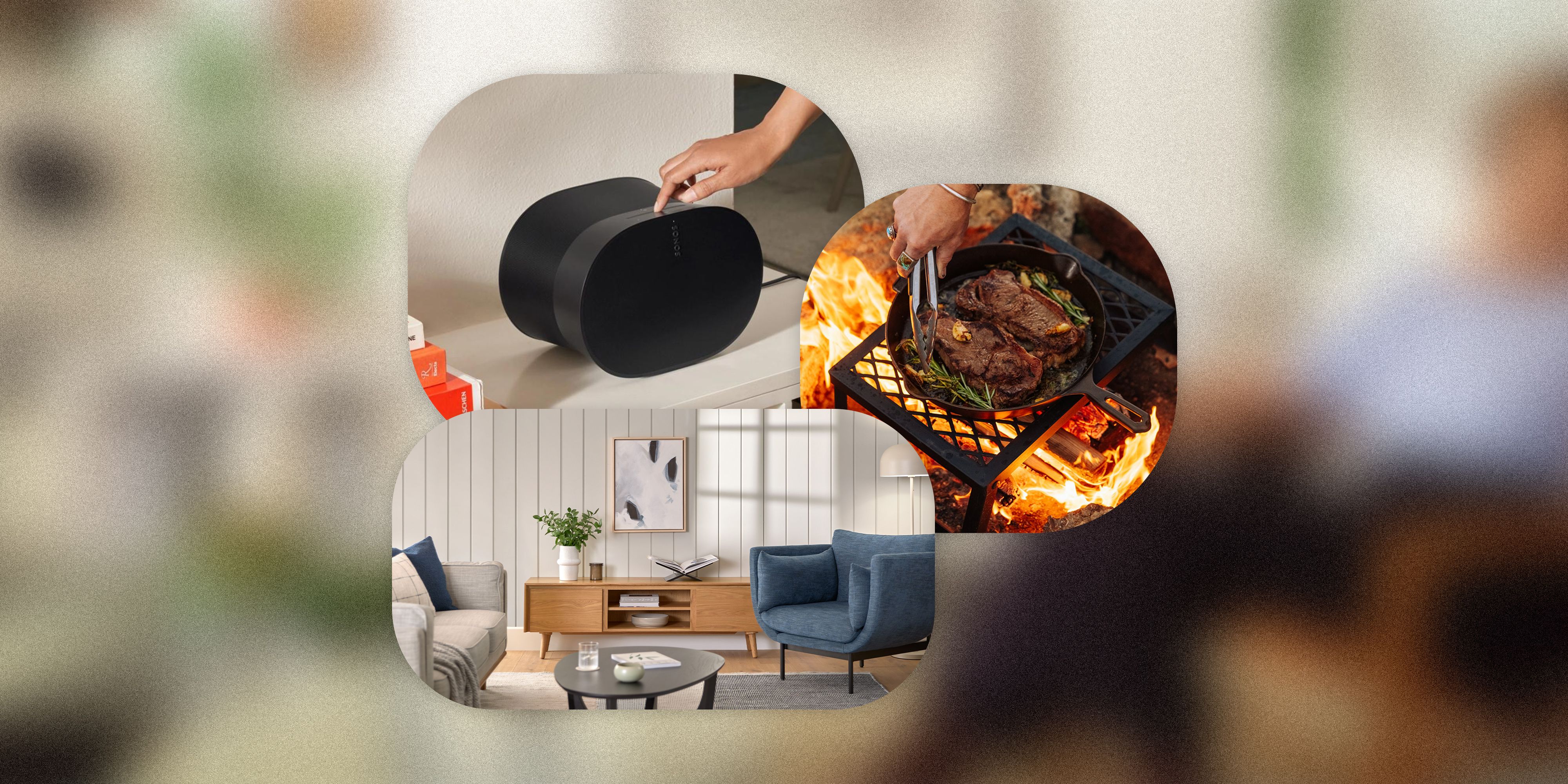 collage of a living room, a person turning on a speaker, and a person grilling steaks on a cast iron pan over an open fire