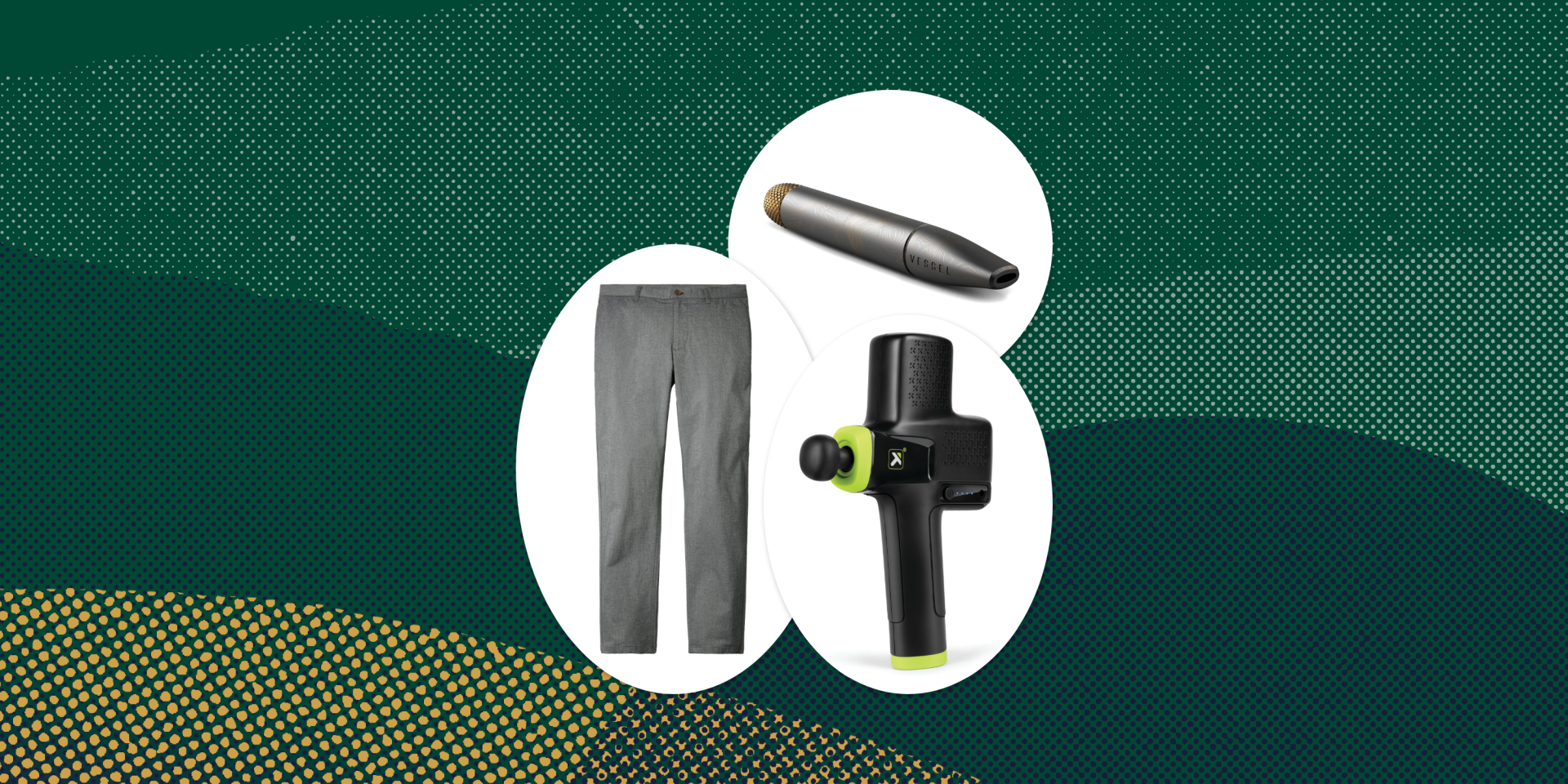 collage of a pair of pants, a vape pen, and a massage gun