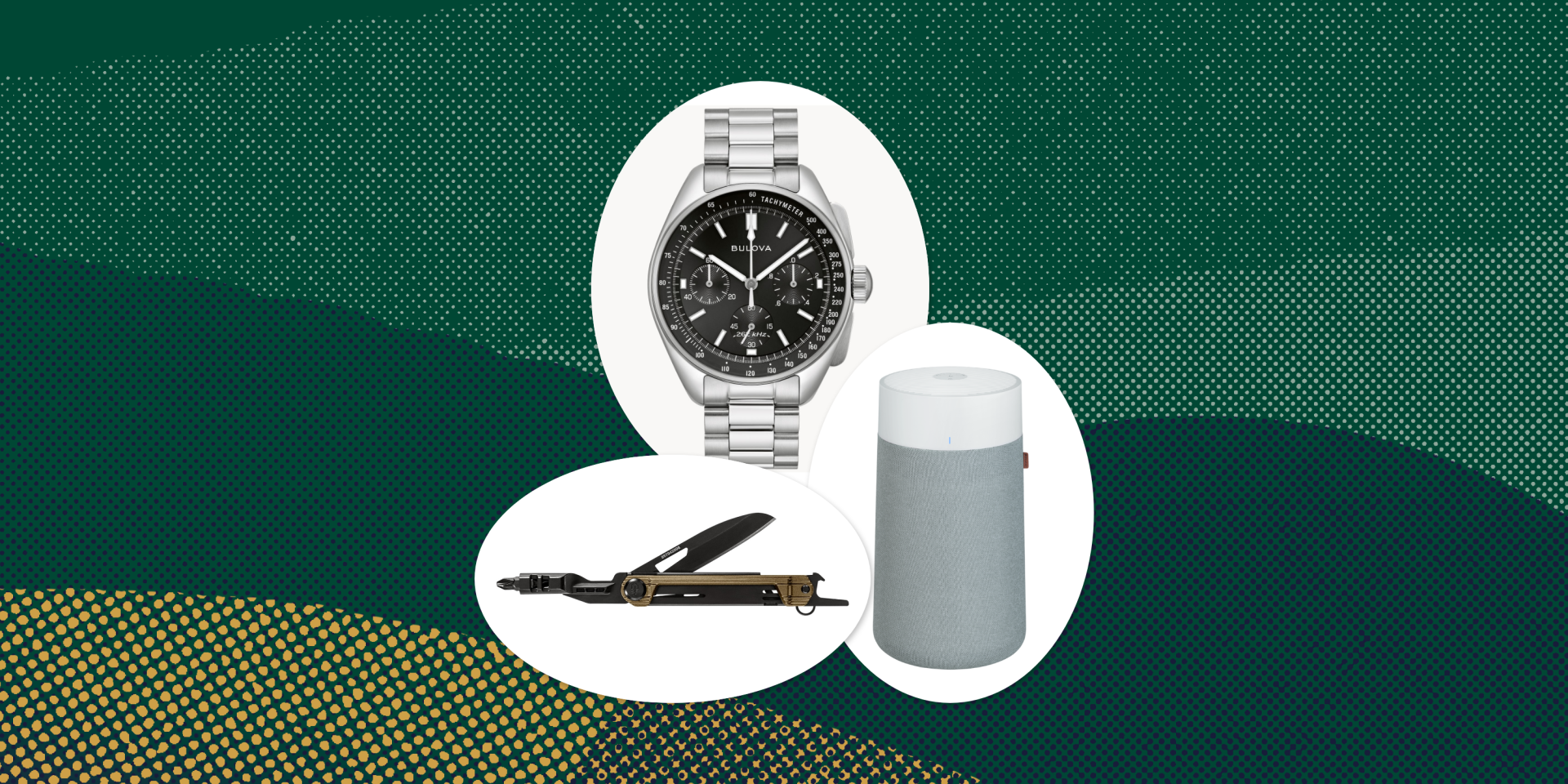 collage of a watch, a speaker, and a pocket knife