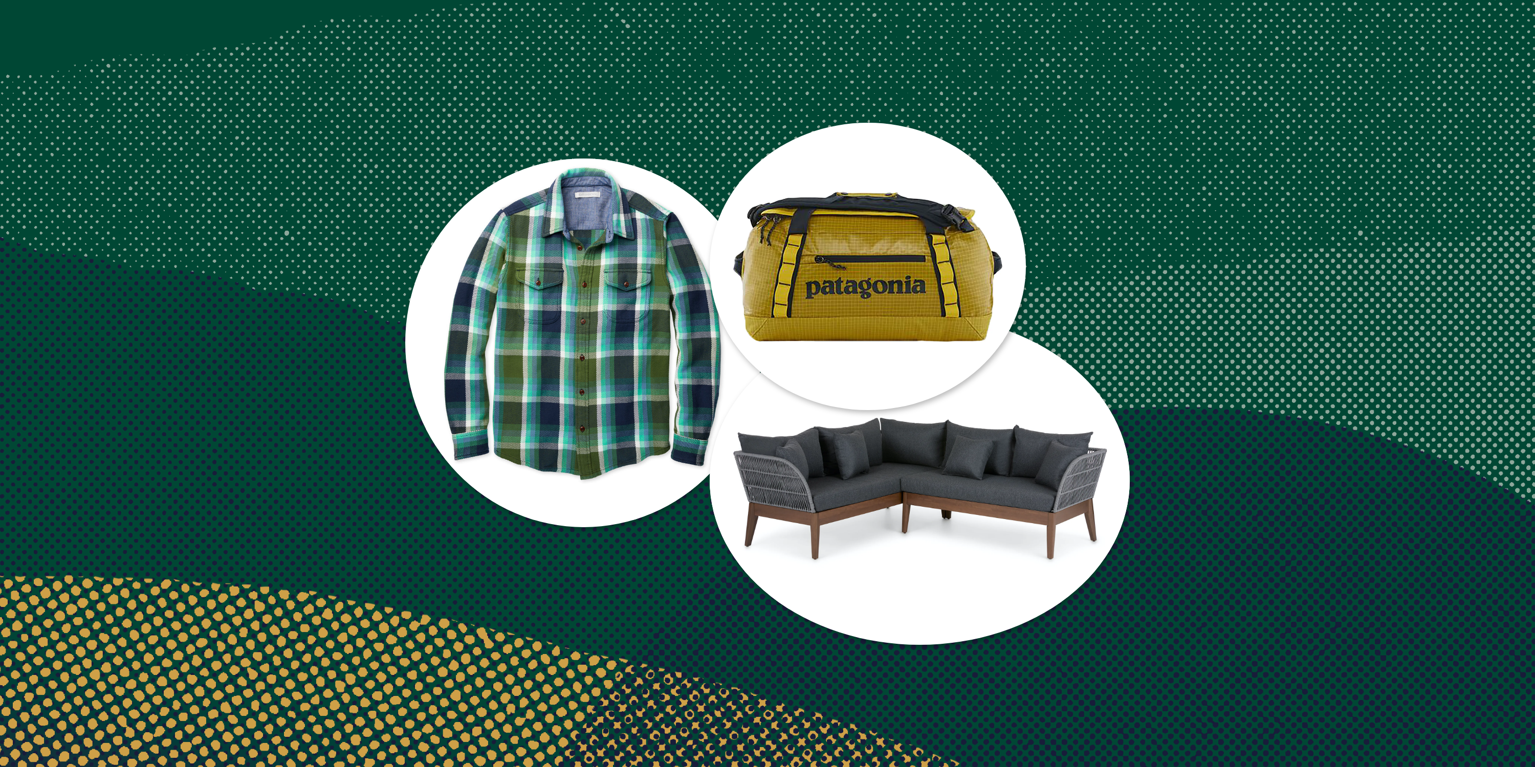 collage of a flannel, a duffel bag, and a couch