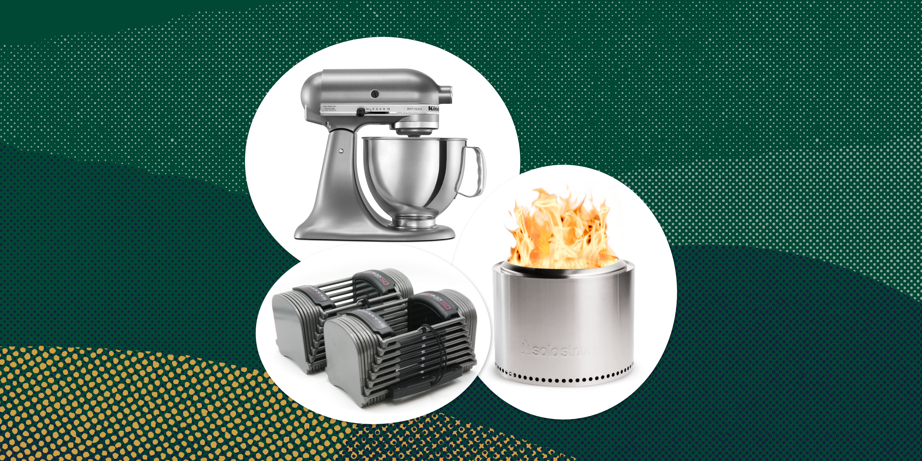 collage of a standing mixer, a fire pit, and weights