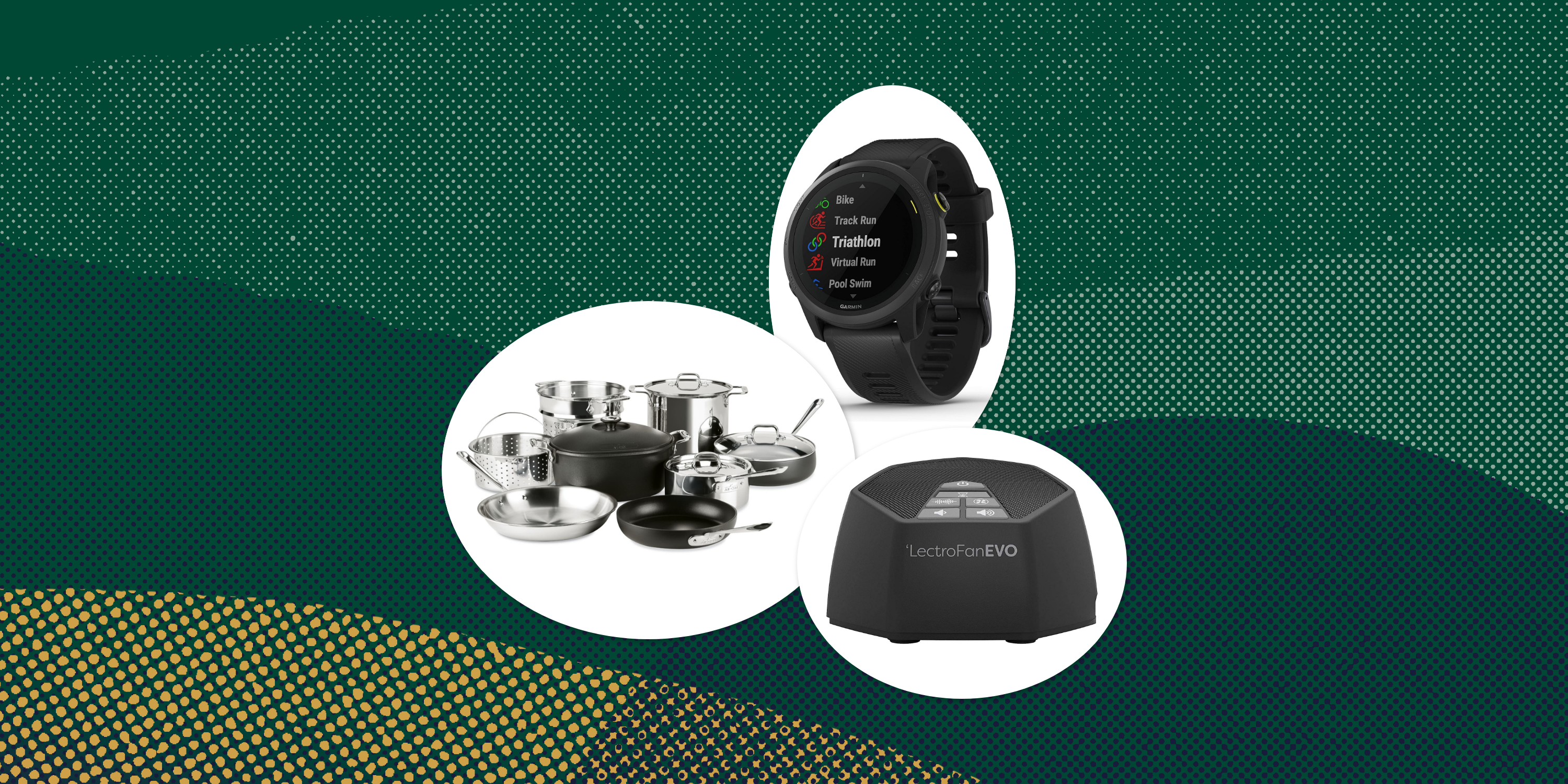 collage of a watch, a pan set, and a fan