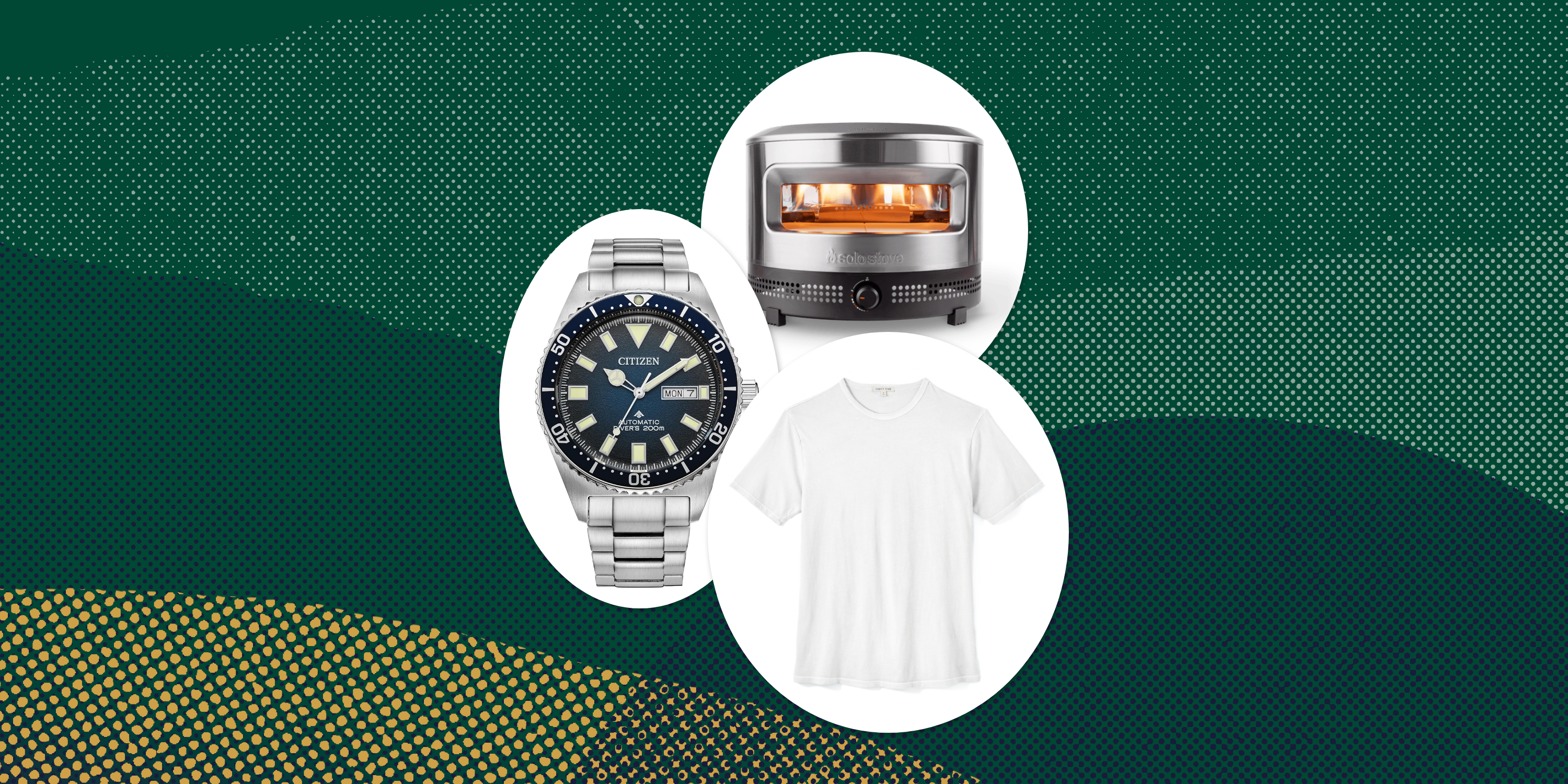 collage of a watch, a pizza oven, and a tshirt