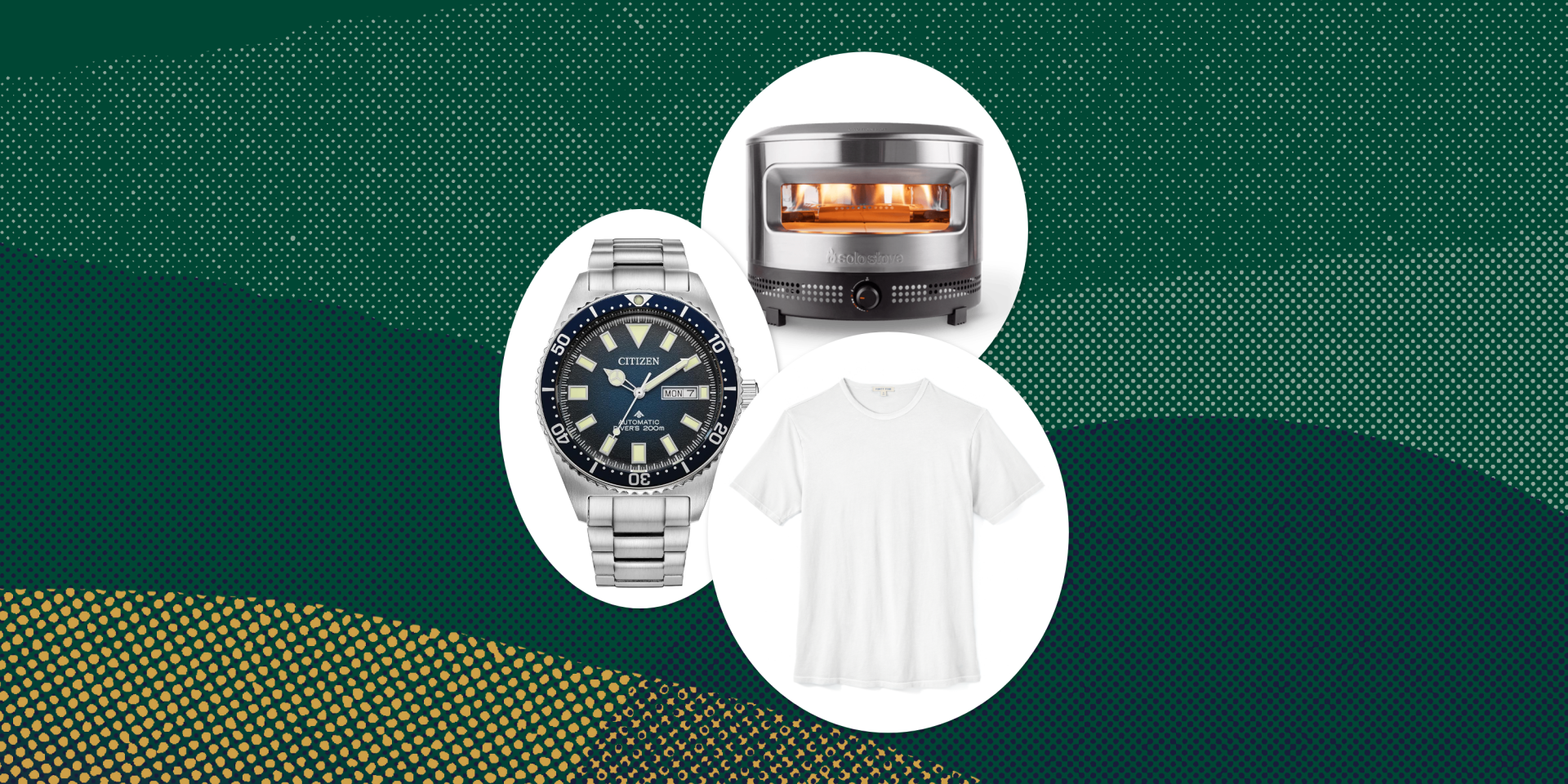 collage of a watch, a pizza oven, and a tshirt