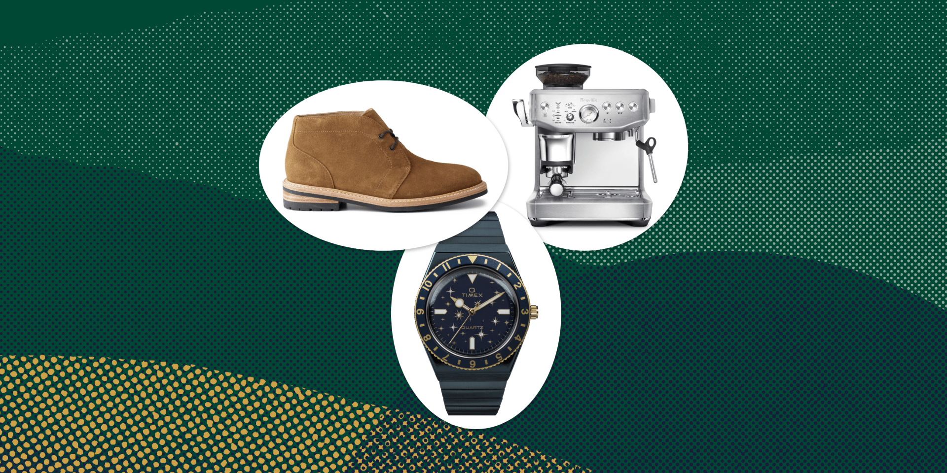 collage of a shoe, an espresso maker, and a watch