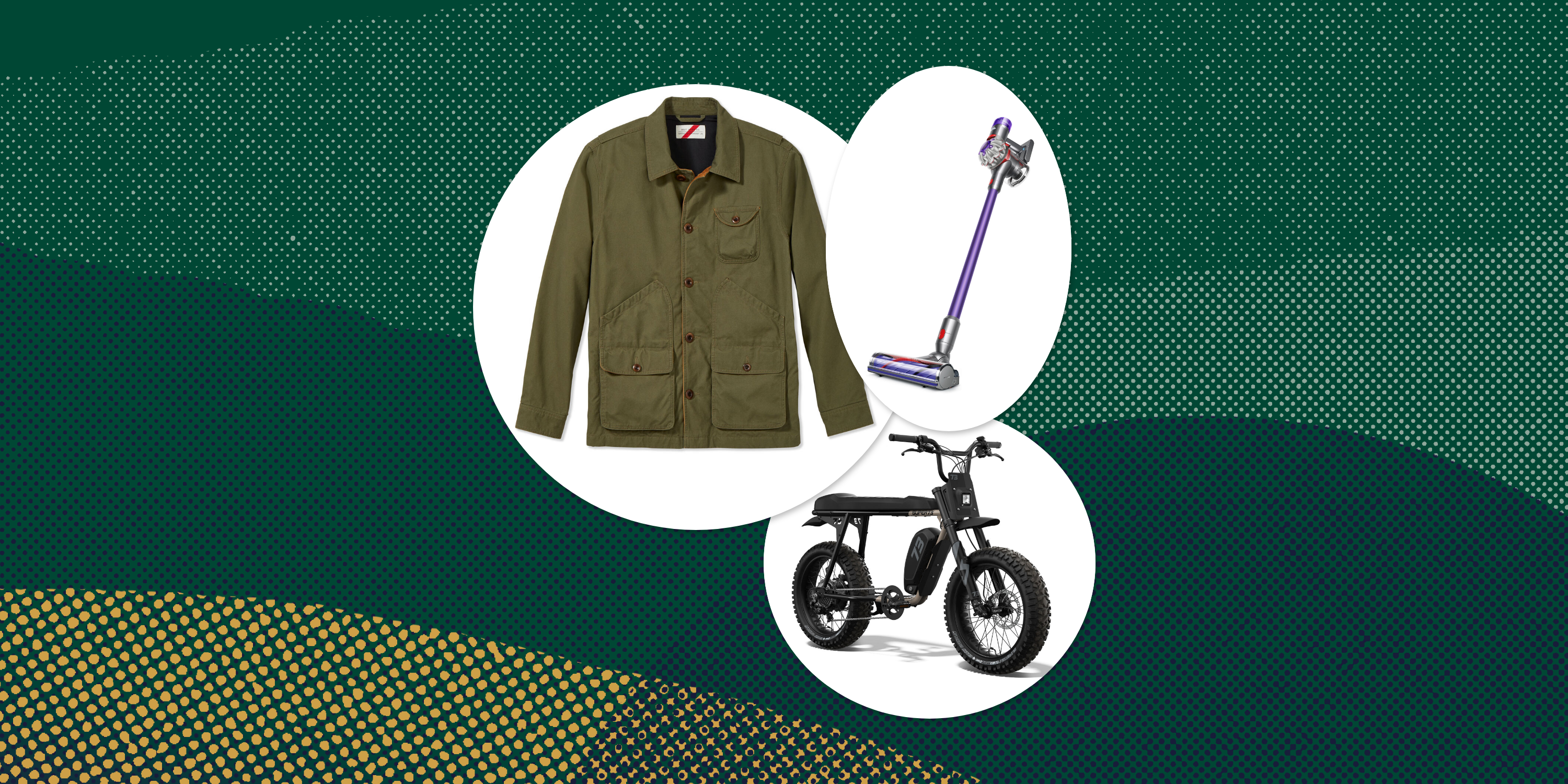 collage of a jacket, a vacuum, and a bike