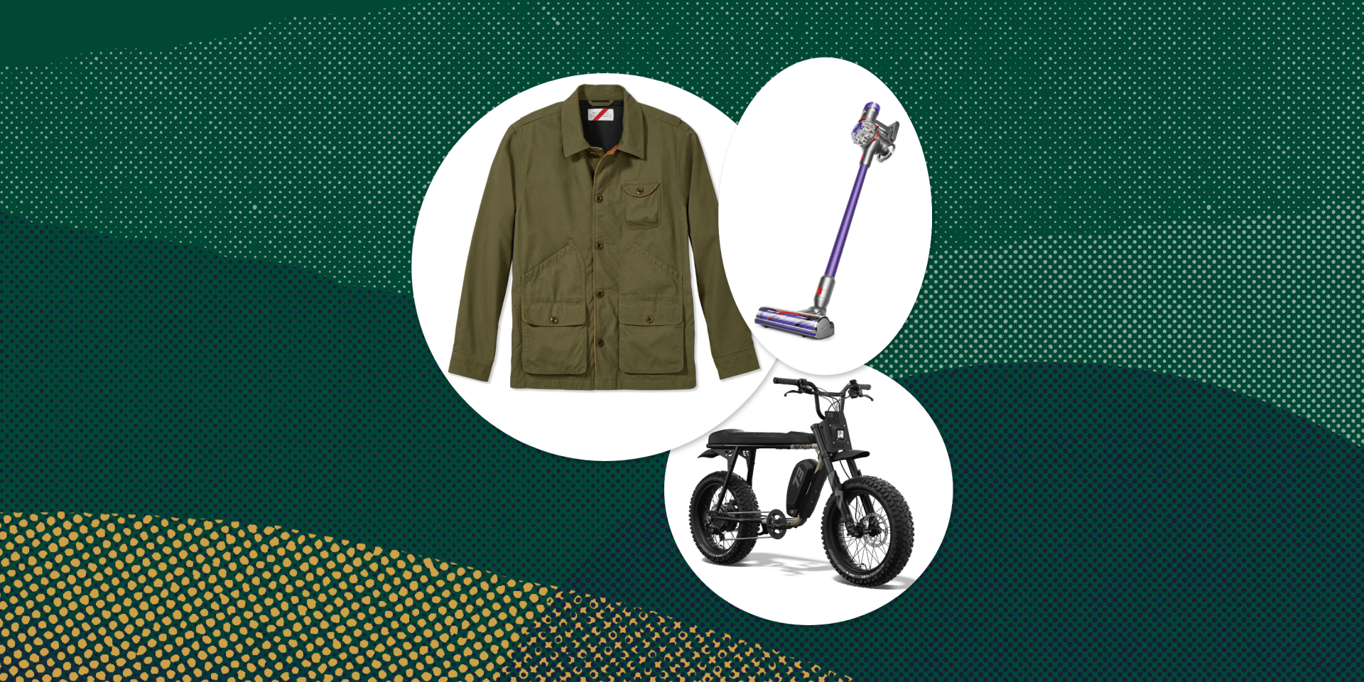 collage of a jacket, a vacuum, and a bike