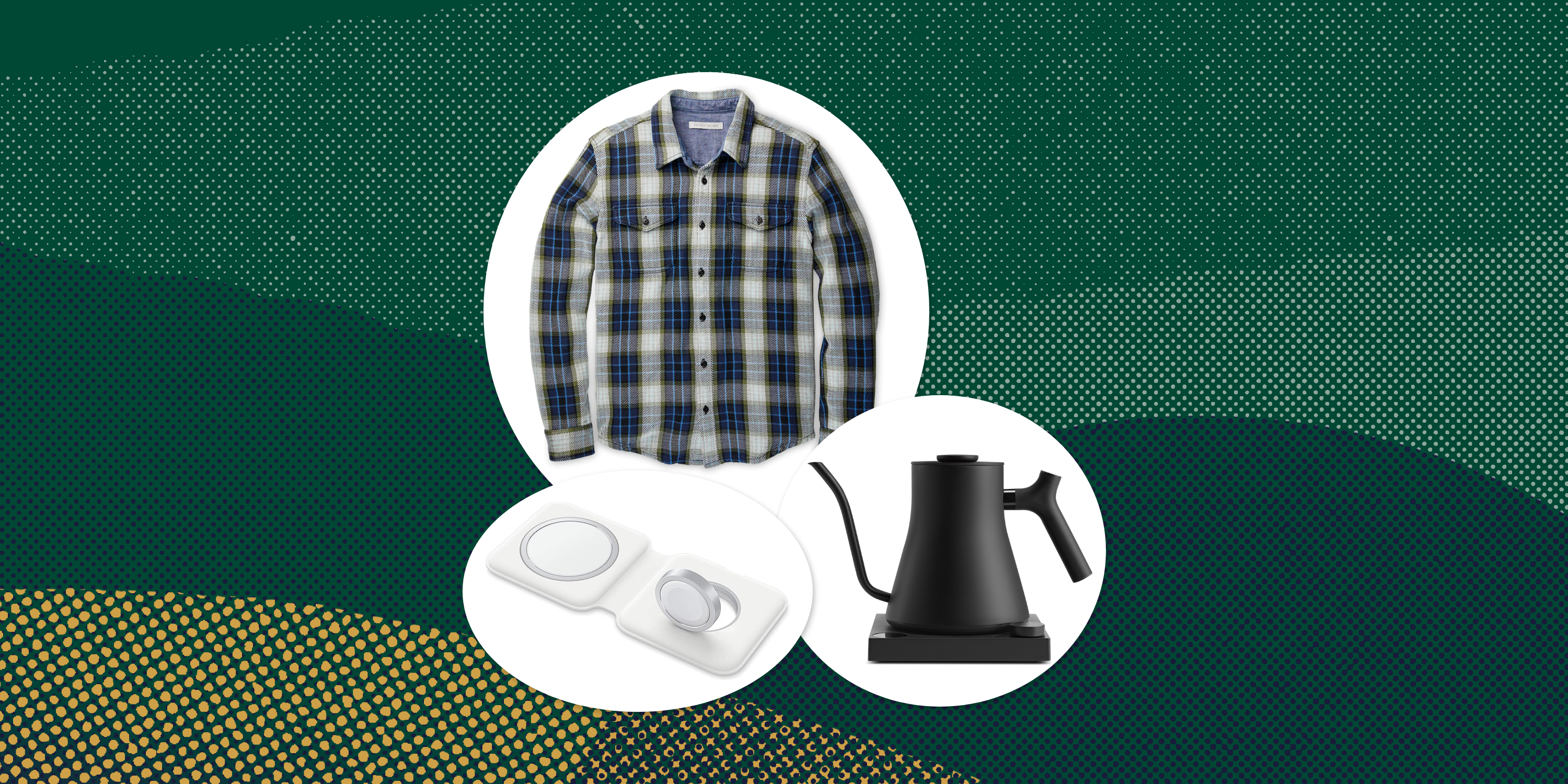 collage of a flannel, a phone charger, and a tea kettle