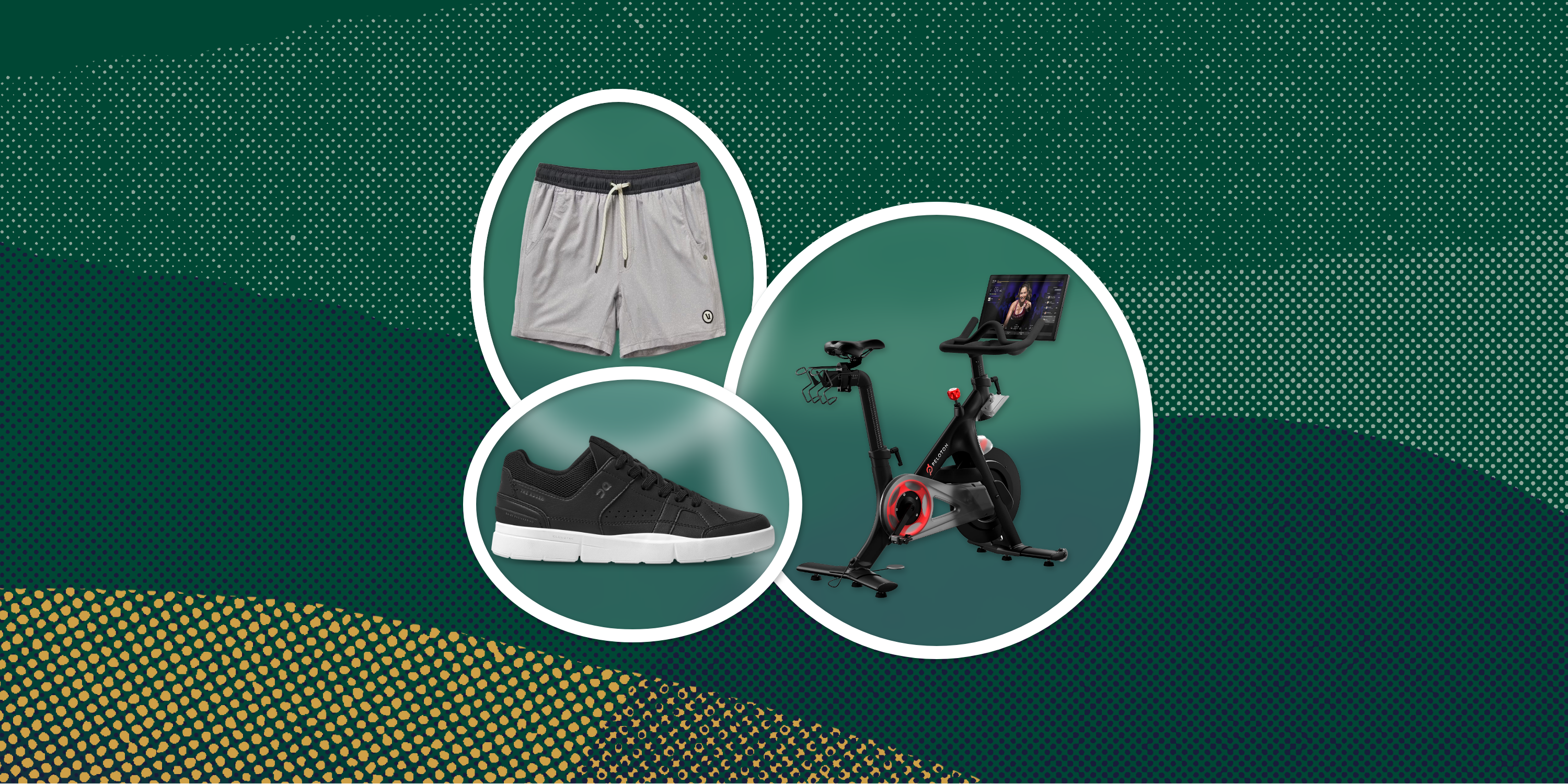 collage of shorts, a shoe, and a pelaton