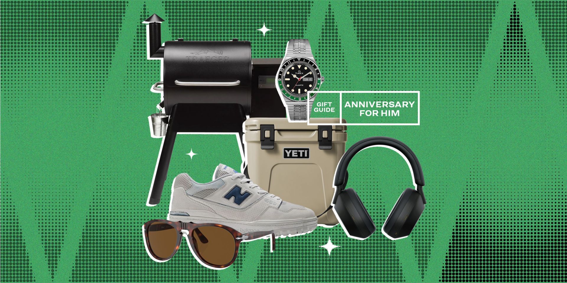 collage of a grill, a watch, a cooler, a shoe, headphones, and sunglasses